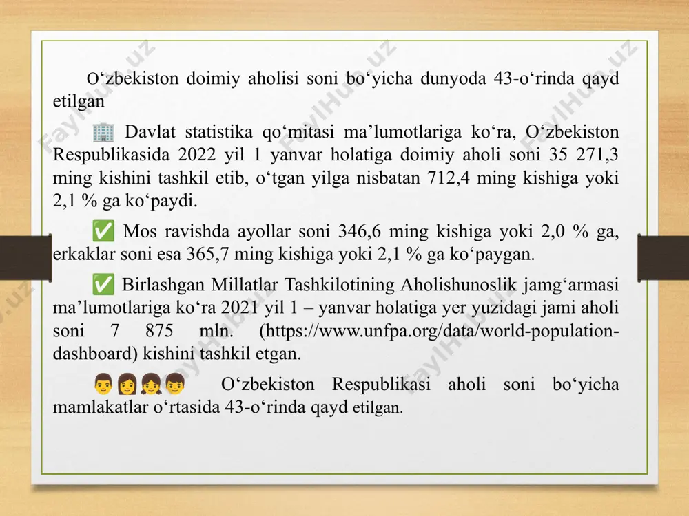 ida, ya’ni ko‘payish jarayoni va “tashqi” –aholi migratsiyasi oqibatida yuzaga keladi. ikkalasi ham miqdor, ham sifat o‘zgarishlariga olib kelsada, ijtimoiy harakat aholi xususiyatlarining faqat sifat o‘zgarishlariga olib keladi, xolos. migratsion jarayon ko‘p hollarda nafaqat ijtimoiy rivojlanish bilan, balki tabiiy harakat bilan ham bog‘liq. u bilan ijtimoiy harakat ham o‘zaro ta’sirlashuvga kirishadi. haqiqatda ham inson yoshi o‘sishi bilan tajribasi, malakasi ortib boradi va boshqa o‘zgarishlar vujudga keladi. aholining takror barpo bo‘lishi natijasida uning miqdori faqat tug‘ilish va o‘lim natijasida, uning demografik tarkibi esa aholi qatlamlarining bir yoshdan ikkinchi yoshga o‘tishi bilan o‘zgaradi. demak, aholining takror barpo bo‘lishi nafaqat tug‘ilish va o‘lim oqibatlari asosida avlodlar almashinuviga, ya’ni ayrim odamlarning “kirish”i va boshqalarining “chiqish”iga, balki “demografik makon”da ularning harakatlanishiga olib keladi.tabiiy harakatdan farqli o‘laroq migratsiya –bu aholining makondagi harakatidir, uning hudud bo‘ylab taqsimlanishidir. ushbu ma’noda migratsiya ko‘chib o‘tishlar sodir bo‘layotgan ma’lum bir hudud doirasida aholi miqdorining o‘zgarishiga olib kelmaydi, faqatgina ushbu hududning (mamlakat) …
