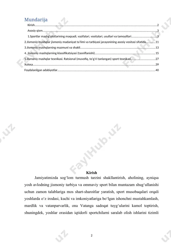 rtchilarini 2020 yil tokio shahrida o`tkaziladigan xxxii olimpiya o`yinlari va paralimpiya o`yinlariga tayyorlash haqida”gi pf-2821-sonli farmoni, hamda vazirlar mahkamasining 2019 yil 13 fevraldagi 118-son 2019-2023 yillarda o`zbekiston respublikasida jismoniy tarbiya va ommaviy sportni rivojlantirish kontseptsiyasi ushbu sohani rivojiga katta hissa qo`shayotgan me’yoriy huquqiy xujjatlar sifatida xizmat qilmoqda. yana 2018 yil 5-martdagi “jismoniy tarbiya va sport sohasida davlat boshqaruvi izimini tubdan takomillashtirish chora-tadbirlari to`g`risida”gi pf-5368-sonli farmon xamda mazkur sohaga tegishli boshqa me’yoriy-huquqiy hujjatlarda yuqori malakali sportchilarni nufuzli va mas’uliyatli musobaqalarga tayyorlash, sportchilarimizning muvaffaqiyatli ishtirokini ta’minlash dolzarbligi, zarur chora-tadbirlarning amalga oshirilishida boshqaruv tizimini tubdan takomillashtirish yuzasidan tegishli chora- tadbirlar ishlab chiqish vazifalari belgilab berilgan . asosiy qism 1.sportlar mashg'ulotlarining maqsadi, vazifalari, vositalari, usullari va tamoyillari sportchilarni tayyorlash, qoida tariqasida, umumiy va maxsus bo'linadi. maxsus jismoniy tayyorgarlik tanlangan sport turi bo'yicha mushaklarning muayyan turini bajarish natijasida erishiladi. umumiy jismoniy tayyorgarlik, birinchi navbatda, sportchining tanasining a'zolari va tizimlarining funktsional imkoniyatlarini oshiradigan va sog'lig'ini mustahkamlaydigan …