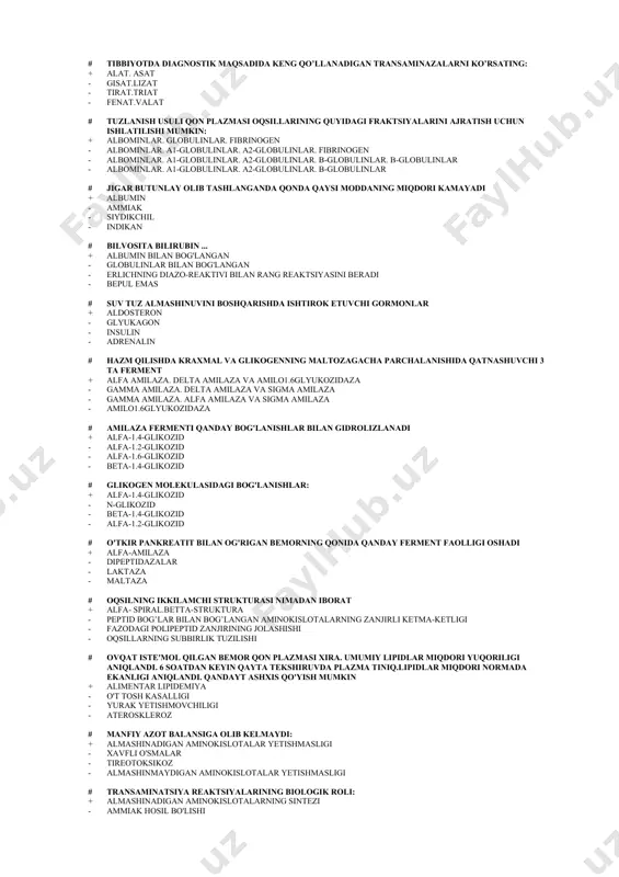. gliat # tibbiyotda diagnostik maqsadida keng qo’llanadigan transaminazalarni ko’rsating: + alat. asat - gisat.lizat - tirat.triat - fenat.valat # tuzlanish usuli qon plazmasi oqsillarining quyidagi fraktsiyalarini ajratish uchun ishlatilishi mumkin: + albominlar. globulinlar. fibrinogen - albominlar. a1-globulinlar. a2-globulinlar. fibrinogen - albominlar. a1-globulinlar. a2-globulinlar. b-globulinlar. b-globulinlar - albominlar. a1-globulinlar. a2-globulinlar. b-globulinlar # jigar butunlay olib tashlanganda qonda qaysi moddaning miqdori kamayadi + albumin - ammiak - siydikchil - indikan # bilvosita bilirubin ... + albumin bilan bog'langan - globulinlar bilan bog'langan - erlichning diazo-reaktivi bilan rang reaktsiyasini beradi - bepul emas # suv tuz almashinuvini boshqarishda ishtirok etuvchi gormonlar + aldosteron - glyukagon - insulin - adrenalin # hazm qilishda kraxmal va glikogenning maltozagacha parchalanishida qatnashuvchi 3 ta ferment + alfa amilaza. delta amilaza va amilo1.6glyukozidaza - gamma amilaza. delta amilaza va sigma amilaza - gamma amilaza. alfa amilaza va sigma amilaza - amilo1.6glyukozidaza # amilaza fermenti qanday bog'lanishlar bilan …