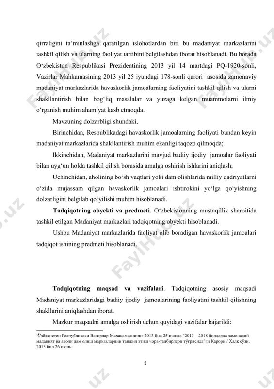 aqida kо‘proq fikr yuritilgan[footnoteref:2]. [2: алимасов в.а. ўзбекистон республикасининг бозор муносабатларига ўтиш шароитида маданий-маърифий муассасалар ривожланишининг ўзига хос хусусиятлари. фалс. фан. докт. дис. -т., 2001;бекмуродов м. ташкилот маданияти ва раҳбар маънавияти. – тошкент., 2001; алимова ш.х. “маданий-маърифий фаолият асослари”. – тошкент., 2007; ] ikkinchi guruhga havaskorlik jamoalar faoliyatini tashkil qilishning shakllari borasida olib borilgan asarlar, tadqiqotlar berilgan[footnoteref:3]. [3: муродов м., маҳмудова к. ўзбек фолклор этнографик ансамбллари. – тошкент., 1998; йўлдошева с. фолклор этнографик жамоалари услубияти. – тошкент: наврўз, 2014;] ammo yuqoridagi tadqiqotlar tahlilidan mustaqillik yillarida madaniyat markazlarida havaskorlik jamoalarining tashkil etishning shakllari va ularning repertuarlarining turli darajalari, yoshlarning milliy qadriyatlar asosida tarbiyalash kabi bir qator muhim masala va muammolar tahlil qilinmagan. tadqiqotda qо‘llanilgan uslublarning qisqacha tavsifi. mavzuni yoritish jarayonida tadqiqotchi tomonidan ilmiylik, holislik, tarixiylik tamoyilllariga tayanildi. asosiy e’tibor yuz bergan madaniy jarayonlarning о‘zaro dialektik aloqadorligi va bir tizimligiga qaratildi. tadqiqot jarayonida mavzuga oid milliy va umuminsoniy qadriyatlar, milliy istiqlol g‘oyasidan …
