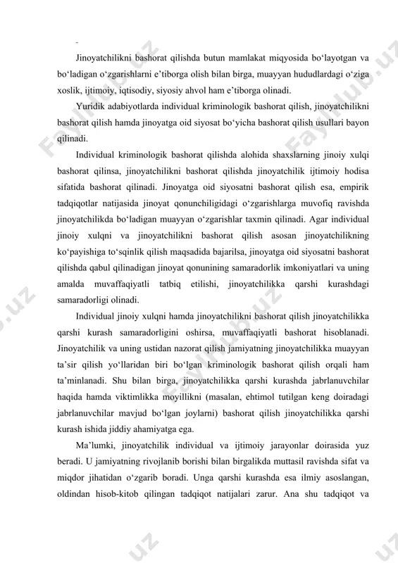 jlanib borishi bilan birgalikda muttasil ravishda sifat va miqdor jihatidan o‘zgarib boradi. unga qarshi kurashda esa ilmiy asoslangan, oldindan hisob-kitob qilingan tadqiqot natijalari zarur. ana shu tadqiqot va bashorat qilish natijalari huquqni muhofaza qiluvchi organlarning jinoyatchilikka qarshi kurash ishini tashkil etishning asosiy bazasi hisoblanadi. jinoyatchilikni bashorat qilishda keng jamoatchilikning jinoyatchilikka bo‘lgan munosabati ham juda muhimdir. ya’ni aholining jinoyatchilikka qarshi kurash sohasida ko‘rilayotgan chora-tadbirlarga munosabati, sodir etilish ehtimoli bo‘lgan yoki sodir etilgan jinoyatlar haqida huquqni muhofaza qiluvchi organlarga xabar berishga tayyorligi kabi masalalar e’tiborga olinishi kerak. jinoyatchilikning darajasi va tuzilishi ma’lum darajada jinoyat qonunchiligi va uning amaliyotda qo‘llanish tajribasi bilan ham bog‘liq. shu bois kriminologik bashorat qilishda jinoyat qonunchiligida bo‘layotgan o‘zgarishlar ham e’tiborga olinishi kerak. jinoyatchilikni bashorat qilish – doimiy ravishda olib boriladigan bilishning ijodiy jarayoni bo‘lib, unga olib borilgan tadqiqotlarning yangi ma’lumotlari qo‘shib borilishini va uzluksiz jinoyatchilikning oldini olishni muttasil ta’minlashni talab etadigan vazifa. jinoyatchilikni bashorat qilish kelajakda sodir bo‘ladigan …