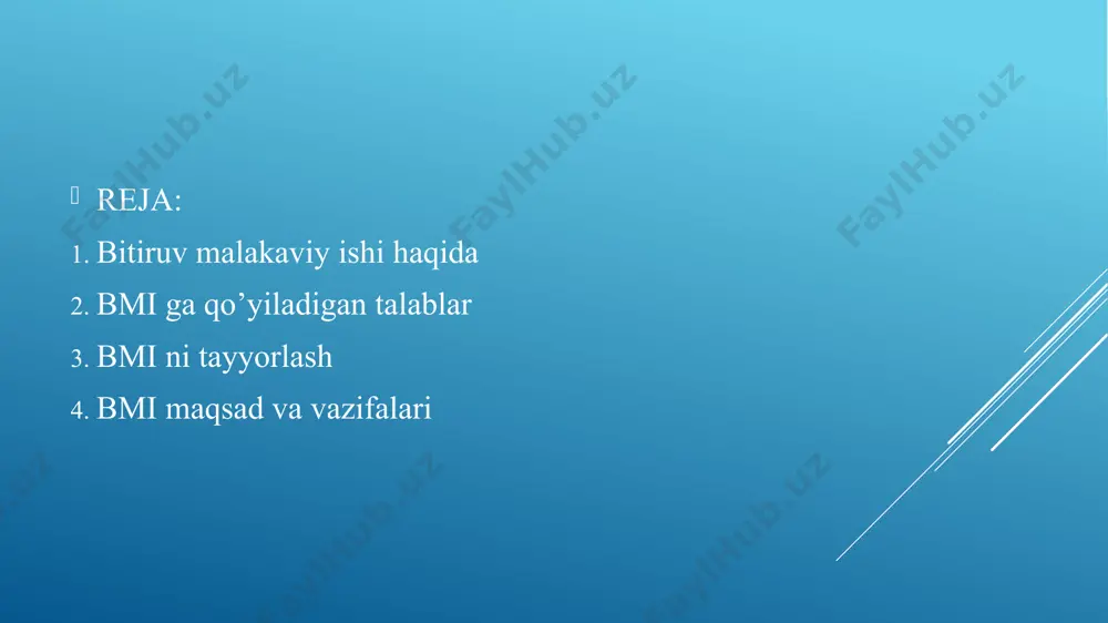 . bitiruv malakaviy ish quyidagi bo`limlardan tashkil topishi shart: - kirish, bunda o`rganilayotgan (tadqiq etilayotgan) muammoning dolzarbligi va mohiyati ochib berilishi lozim; - bmi mavzusi bo`yicha adabiyotlar tahlili (tavsiloti), bunda ishda qaralayotgan munozarali savollarga turli fikrlarning mavjudligi yoritilishi va muallifning bu savollarga munosabati shakllantirilishi lozim, muallifning shu savollar bo`yicha fikri asoslanishi lozim; - tadqiqot ob'ekti va predmetining xarakteristikasi; - tadqiqot metodlari xarakteristikasi (modellar, statistik hisob-kitoblar); - tadqiqot bajarilishi bosqichlarining yoritilishi; - tadqiqot natijalari xarakteristikasi va ularning interpretatsiyasi; - xulosa, bunda bajarilgan ish bo`yicha konkret natijalar va ularni amalga oshirish bo`yicha takliflar aks etishi kerak kafedra tomonidan tavsiya etilgan mavzulardan birini xamda ilmiy raxbarni mustaqil tanlaydi.ilmiy raxbar maslaxatiga, bergan topshiriqlarini olgandan keyin talaba tasdiqlangan kalendar rejasiga ko’ra bitiruv malakaviy ishini tayyorlash ustida ish boshlaydi. boshida talaba bitiruv malakaviy ishi bo’yicha adabiyot ro’yxatini tuzishi va shu adabiyot bilan tanishib chiqishi zaruriy ma’lumotlarni olib korxonaga tadbiq qilib bitiruv malakaviy ishni yoritishda foydalanadi.talabaga axborot …