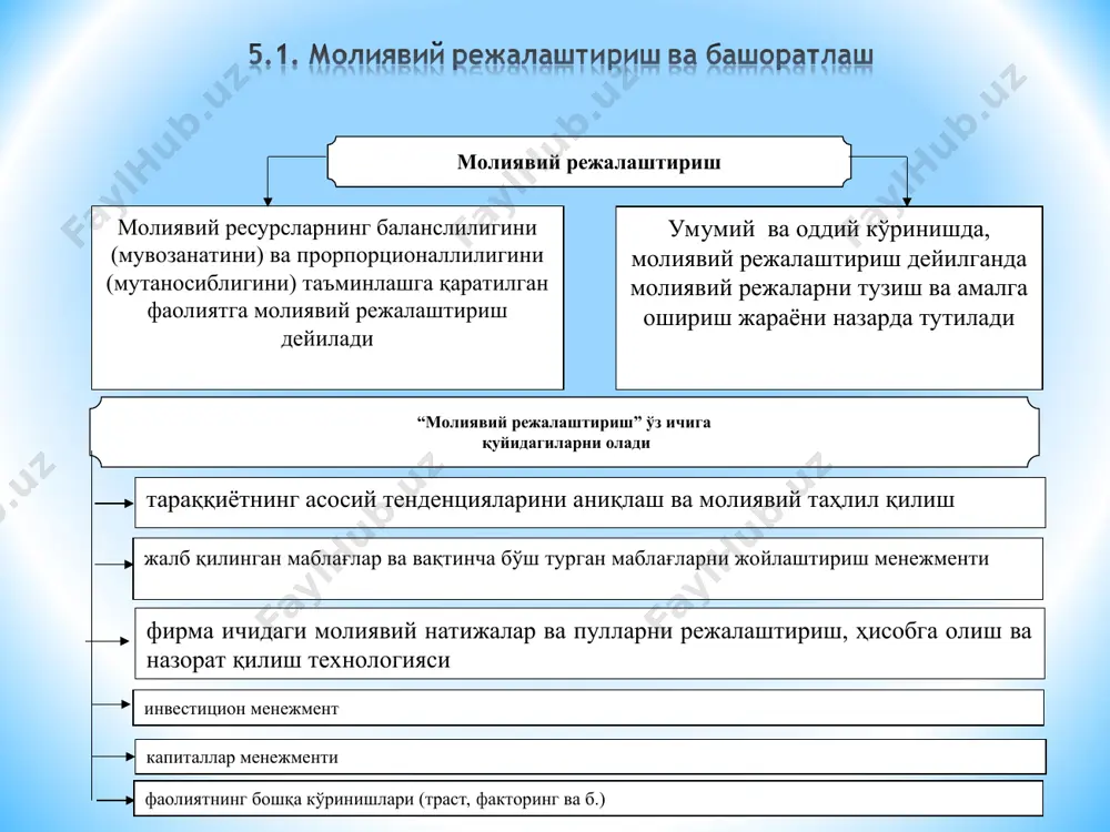 арининг нисбий мустақиллиги қуйидагиларни ўзида акс эттирувчи молиявий режаларнинг ишлаб чиқилиши зарурлигини белгилаб беради пул фондларини шакллантириш ва улардан фойдаланиш шакллари ва методларининг ўзига хослиги молиявий ресурсларни тармоқлар ва ҳудудлар бўйича қайта тақсимлаш молиявий режалаштиришнинг турлари стратегик молиявий режалаштириш жорий молиявий режалаштириш стратегик молиявий режалаштириш ўз ифодасини стратегик молиявий режаларда топадики, у ташқи ва ички муҳитда ўзгараётган хўжалик юритиш субъекти молиявий тараққиётининг кўп вариантли башоратидан иборатдир стратегик молиявий режа, ҳеч бўлмаганда, қуйидаги саволларга аниқ жавоб бермоғи лозим хўжалик юритувчи субъект учун талаб қилинадиган капиталнинг ўлчами қандай, у қайси манбалар ҳисобидан ва қандай муддатларда жалб қилинади? хўжалик юритувчи субъект пул маблағлари тушуми, ишлаб чиқаришнинг рентабеллиги ва инвестициялар даромадлигининг қандай даражаларига чиқиши мумкин ва қай муддатларда? бу капиталдан қандай қилиб фойдаланилади? ўз кучига ишонган ҳолда хўжалик юритувчи субъект ривожланиши мумкинми? агар йўқ бўлса, молиявий ресурсларни жалб қилишнинг манбалари қандай? жорий молиявий режалаштиришнинг асосий функциялари ишлаб чиқариш, инвестицион, маркетинг, илмий-лойиҳавий ва қидирув фаолиятларини …