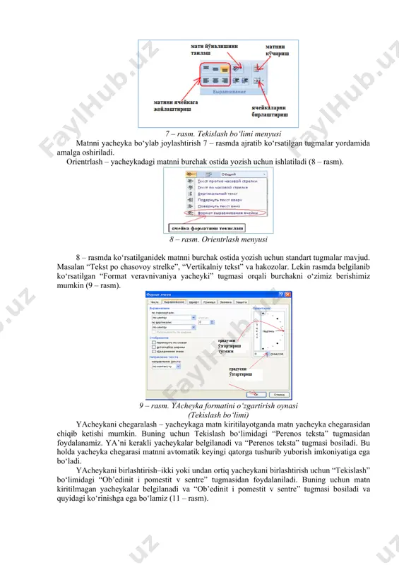 sturida yacheykalarni avtomatik to‘ldirish mumkin. buning uchun quyidagi ketma – ketliklar bajariladi. s4 yacheykaga “1” kiritiladi s5 yacheykaga esa “2” kiritiladi s4 va s5 yacheykalari belgilanadi belgilangan ramkaningo‘ng pastki burchakdagi to‘rtburchak tugmasi bosib turilgan holda pastga tortiladi (12 – rasm). 12 – rasm. raqamli avtoto‘ldirish bu holni hohlagan ketma – ketlikda keladigan sonlar uchun amalga oshirsa bo‘ladi. masalan 2001, 2002 kiritiladi va avtoto‘ldirish amalga oshirilsa 2003, 2004, 2005 va hakozo natijaga ega bo‘lamiz. boshqa holda esa hafta kunlarini ham avtoatik davom ettirish mumkin. buning uchun “ponedelnik” so‘zini kiritamiz va avtomatik to‘ldirish tugmasini bosib turgan holda pastga harakatlantiramiz (13 – rasm). 13 – rasm. hafta kunlarini avtomatik to‘ldirish fayl menyusi. microsoft excel dasturida hujjatlarni saqlash, ochish va yaratish. fayl menyusi asosan quyidagilardan tashkil topgan · yangi fayl yaratish (sozdat) · faylni saqlash (soxranit kak ) · o‘zgartirish kiritilgan faylni saqlash (soxranit) · qattiq disqda joylashgan faylni ochish (otkrit) · faylni yopish …