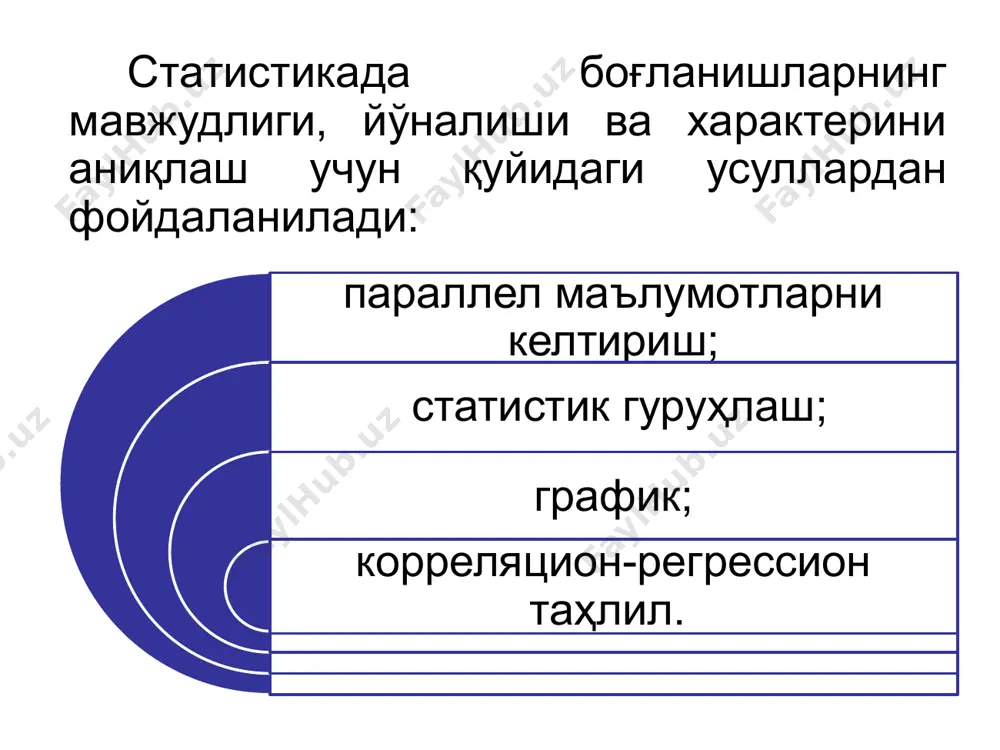 ижавий белги ўртасидаги боғланиш зичлиги 1 га тенг бўла олмайди. агар 1га тенг бўлса, улар ўртасида корреляцион боғланиш эмас, балки функционал боғланиш мавжуддир. агар нолга тенг бўлса, улар ўртасида боғлиқлик умуман йўқ. боғланиш зичлиги 0,1-0,3 0,3-0,5 0,5-0,7 0,7-0,9 0,9-0,99 боғланиш кучи кучсиз ўрта-миёна сезилар-ли юқори жуда ҳам юқори омил дисперсия боғлиқлик моделига киритилган белгининг таъсирида натижавий белгининг вариациялашувини билдиради. умумий дисперсия натижавий белгининг барча белгилари таъсирида вариациялашувини, қолдиқ дисперсия эса натижавий белгинининг ҳисобга олинмаган омиллар таъсирида вариациялашувини билдиради умумий дисперсия омил дисперсия қолдиқ дисперсия корреляцион нисбат кўрсаткичини қўйидаги формулалар ёрдамида аниқлаш мумкин: корреляцион боғлиқлик зичлигини ҳисоблашни стандартлаштириш мақсадида корреляция индекси қўлланилади: y yx 782 52624,4 865,20 21374,4 889 14981,8 876,40 18225,0 948 4019,6 929,69 6676,5 1001 108,2 930,46 6551,3 1014 6,8 918,11 8703,0 992 376,4 950,16 3750,3 956 3069,2 986,84 603,2 951 3648,2 1028,93 307,3 962 2440,4 993,41 323,6 980 986,0 1015,42 16,2 989 501,8 1024,68 176,4 1101 8028,2 1179,53 …