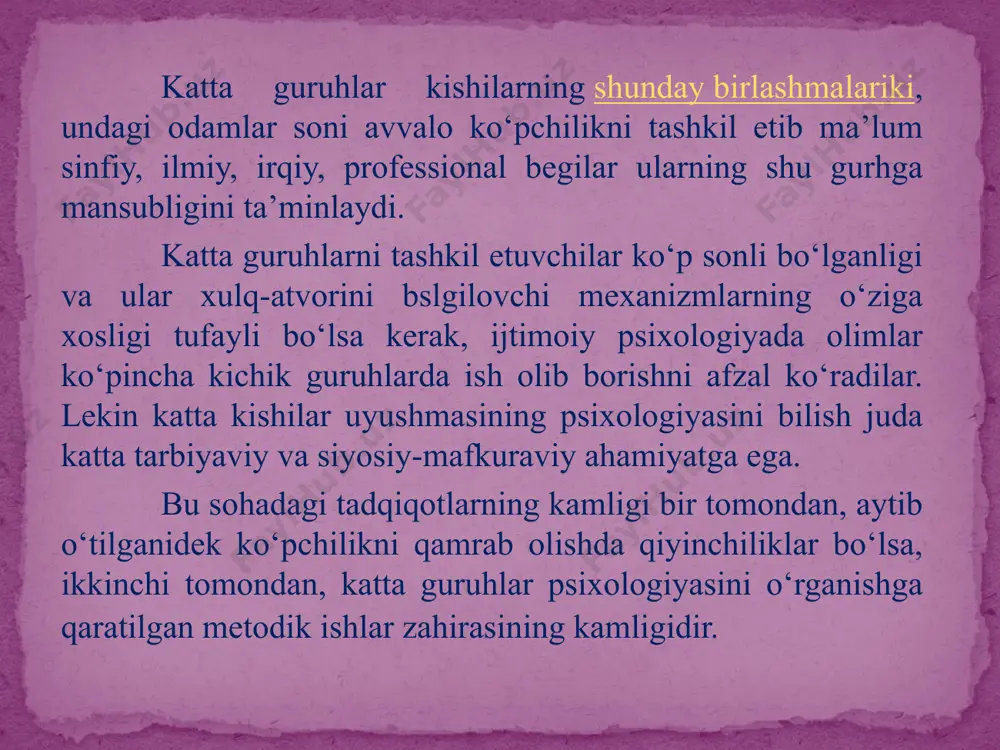 biri ham boshqa millatlar psixologiyasini bilib, uni boshqa millatlarga etkazish tufayli, har bir millat vakiliga hurmat-izzat hissini kuchaytirishdir. chunki o‘zini hurmat qilmagan odam boshqani hurmat qilmaydi, buning uchun esa o‘z psixologiyasini ham, o‘zgalar psixologiyasini ham bilishi kerak. shundagina shaxslararo ziddiyatlarga bardam berilishi mumkin. bu narsa millat­lar psixologiyasiga xam xosdir. ya’ni, fan jamiyatga shunday etnografik va etnopsixologik ma’lumotlar majmuini yaratib berishi lozimki, undagi ma’lumotlar asosida katta guruh hisoblangan millatlar psixologiyasini ham boshkarish mumkin bo‘lsin. katta guruhlarni ilmiy tadqiq qilishning metodologik muammolari. chet ellarda va mamlakatimizda kilingan ilmiy ishlarni analiz kilar ekanmiz, epnopsixologik tadkikotlarda xilma-xil uslub va metodlar kullanilganining guvoxi bulamiz. chunki bunday tadkikotlarda shaxs xususiyatlarini urganuvchi turlicha testlardan tortib, proektiv metodlar, eksperimentallarning turlicha kurinishlari surok metodlari - anketa, intervyu, sotsiometriya, metodlari va boshkalar ishlatiladi. bu metodlar xozirgi kunda xam «madaniy muxit va shaxs» guruxlararo munosabatlar xamda kiyosiy tadkikotlarda kullanilmokda. bunday ishlarni fakatgina ijtimoiy psixologik emas, balki umumiy psixologiya bilan shugullanuvchi olimlar …