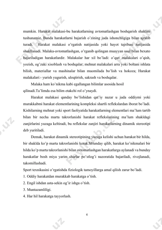 3. muntazamliligi. 4. har hil harakatga tayyorlash. 5. induvidual yondashish. harakat malakasining shakllanganligini uning quyidagi xislatlarida ko’rish mumkin: 1.malakaning tiklana borishi bilan harakatni boshqarishda ongning roli pasayib boradi. 2. malaka mustahkam shakllangan dinamik steriotip singari yuqori turg’unlik bilan farqlanadi. 3. malakada ayrim harakatlarning ortiqcha kerakmas haraktlarni yuqotib bir butunlikka birlashish bilan xarakterlanadi. 4. malaka harakat ko’nikma asosida shakllanadi, shu bilan birga yangi ko’nikmaning paydo bo’lishiga asos bo’lib xisoblanadi. 5. malaka harakatni bajarishda quvvat sarfi tejaladi, ish unumi yuqori bo’ladi,ya’ni kam kuch sarflab,yuqori natijaga erishiladi. kurs ishining maqsadi ko’nikma va malaka rivojlanish xususiyatlari bo’yicha ilmiy manbalardi nazariy jixatdan o’rganish. kurs ishining vazifasi: · ko’nikma bo’yicha yuritilgan olimlar fikrini o’rganish · malakaning oshib borish bosqichlari bo’yicha manbalar to’plash · adabiyotlar yuzasidan xulosalar berish kurs ishining nazariy ahamiyati hundan iboratki, mavzuni taxlil qilish natijasidaishlab chiqilgan hulosa va tavsiyalar umumiy psixologiya fanini nazariy bilimlar bilan boyitad. kurs ishining amaliy ahamiyati. shundaki kurs ishi natijalaridan …