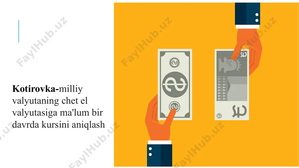 ini bosuvchi mahsulotlar ishlab chiqaruvchi tarmoqlarda o’sish kuzatiladi 6. tashqi qarzning og'irligi ortib bormoqda revalvatsiyaning ta'siri: 1.inflyatsiyaning sekinlashishi 2.eksportning pasayishi 3.eksportga mo’ljallangan sohalarda mahsulot ishlab chiqarishning sekinlashuvi 4.importni rag’batlantirish 5. import o’rnini bosuvchi mahsulotlar ishlab chiqaruvchi tarmoqlarda sekinlashuv kuzatiladi 6. tashqi qarzning og'irligi kamayadi milliy valytamiz so’mning mustahkamligi ta’minlansa bir birlik mahsulot tannarxida ishi kuchi qiymati yuqori bo’ladi, bu esa mehnat unumdorligiga nisbatan ish haqi tezroq o’sayotganligidan dalolat beradi djey egri (j-curve)- milliy valyuta kursining pasayishi natijasida savdo balansining vaqtincha yomonlashishi, keyinchalik uning yaxshilanishiga olib keladi. savdo balansiga devalvatsiyaning ta’siri (djey egri chizigi) jey-egri chizig'i effekti, agar milliy valyutaning devalvatsiyasi natijasida import qilinadigan tovarlarning narxi chet el valyutasida eksport tovarlari narxi pasayganidan tezroq tushib ketganda paydo bo'ladi. iqtisodiyotning yangi narx darajasiga moslashishi uchun o'rtacha 3-12 oy talab etiladi . bir yildan so'ng eksport va importning elastikligi keskin oshadi va devalvatsiya savdo balansini yaxshilaydi. valyuta kursining qiymati va uning o'zgarishi - …