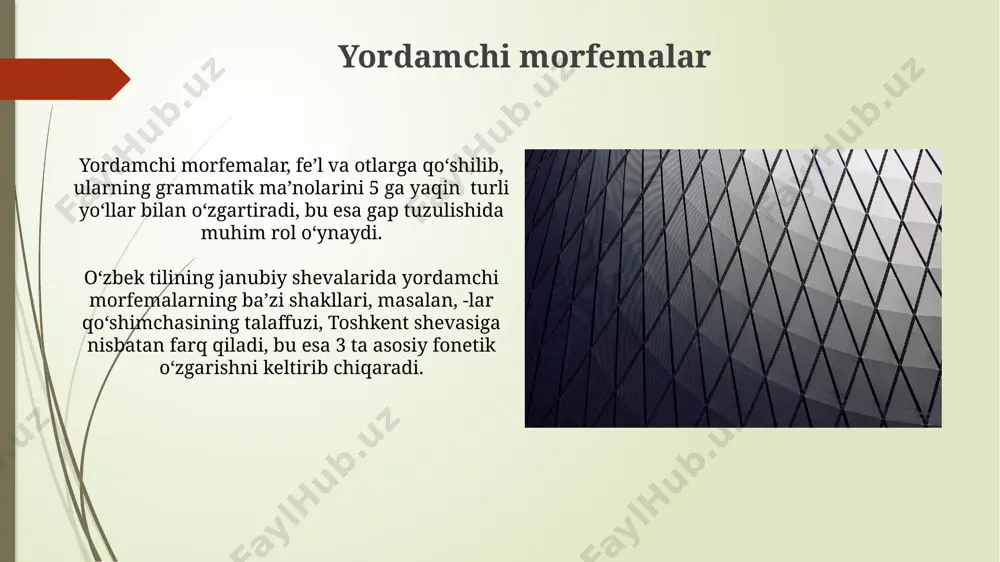 ya usulida hosil bo'lgan so'zlar, ko'pincha, 2 yoki 3 morfemadan iborat bo'lib, ularning ma'nolari yig'indisidan yangi so'zning ma'nosi kelib chiqadi. masalan, "temiryo'l" (temir + yo'l) so'zi 2 ta morfemadan tashkil topgan. so'z yasalishi kompozitsiyasi orqali 2 ta yoki undan ortiq so'zlarning birikishidan yangi so'zlar hosil bo'ladi, masalan, "o'qituvchi" (o'qituv + chi) so'zi kabi, bu samarqand universitetida o'rganiladigan mavzudur. zamonaviy o'zbek adabiy tilida morfem turlari o'zbek tilida so'z yasovchi qo'shimchalarning kamida 15 turi mavjud bo'lib, ular orasida "-chi", "-lik", "-siz", "-gar" kabi ishlab chiqaruvchi qo'shimchalar toshkentdagi lingvistik tadqiqotlarga ko'ra, eng ko'p qo'llaniladiganlar hisoblanadi. zamonaviy o'zbek adabiy tilida 2 ta asosiy morfema turi mavjud: ildiz morfemalar (masalan, "kitob", "uy") va qo'shimchalar (masalan, "-lar", "-da", "-dan"), ularning soni 30 dan ortiq bo'lib, samarqand va buxoro shevalarida ba'zi farqlar kuzatiladi. ildiz morfemalar oʻzbek tilidagi ildiz morfemalarning aksariyati ikki yoki uch boʻgʻindan iborat boʻlib, samarqand va buxoro shevalarida uchraydigan ildizlarning fonetik xususiyatlari baʼzi farqlarni koʻrsatadi. …