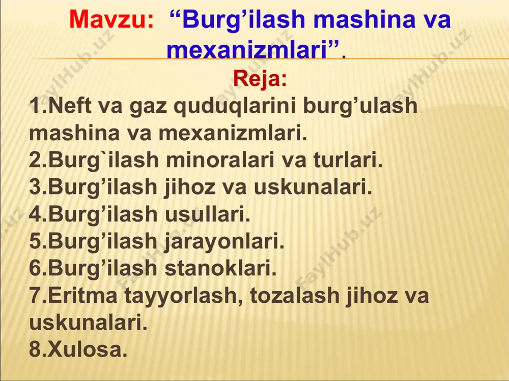 yuqoriga olib chiqishni yaxshilash uchun nasoslarni suyuqlik haydashini aniqlashda turbobur uchun zarur aylanish momentini hosil qilish maqsadida ularning haydash quvvatini yetarliligini tekshirish zarur. 2-rasm. роторнинг схематик кўриниши. 1-корпус; 2-ёрдамчи таянч; 3-асосий таянч; 4-роторни айлантирувчи катта ғилдирак; 5-ротор столи; 6-йўналтирувчи қувурни қисувчи мослама; 7-ротор тешигидаги вкладиш; 8-химоя тўсиғи; 9- роторнинг тўхтатгичи; 10 вал; 11-горизонтал подшинник; 12-цепли юлдузчалар. rotor usulida burg’ilash parametrlari u7-520-3 r-700 r-950 rotor stoli teshigining diametri .mm 520 700 950 rotor berilishi mumkin bo’lgan statik yuk .t 200 500 630 rotor stolining eng ko’p aylanish tezligi .ayl/min 300 350 350 rotorning gabarit o’lchamlari .mm uzunligi 2250 2010 2165 eni 1400 1200 1550 balandligi 750 680 750 og’irligi .kg 4670 4790 7000 * burg’ilash jarayoni ►quduqqa burg’ulash tizmasini tushirish ►burg’ilash eritmasi haydalishi bilan bir vaqtda burg’ining ishlashi. ►dolotaga burg’ilash tizmasining og’irligi hisobidan kuch berish. rotorning burg’ilash tizmasini aylantirishi burg’ulash eritmasi bilan tog’ jinsi parchalaring chiqishi burg’ilash eritmasini nasoslar yordamida quduqqa …