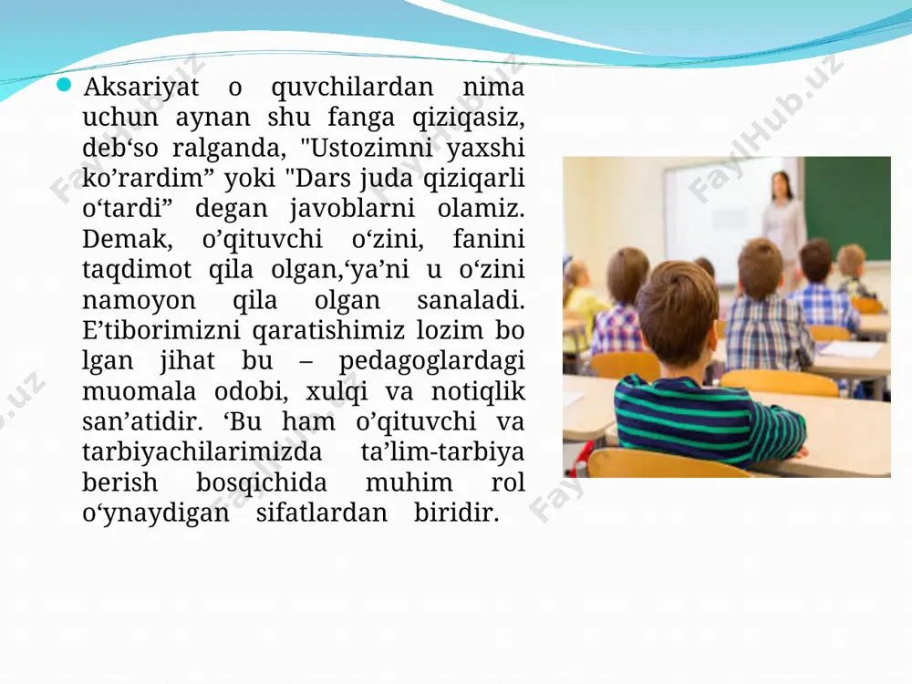 ’rganib, ularga xos bo’lgan eng muhim sifatlarning bloklarini ajratganlar. 1500 nafar amerikalik menejer va 41 nafar yaponiyalik yirik firma rahbarlarining sifatlari quyidagicha tabaqalandi: konseptual qobiliyat va xulq-atvor standartlari: (a) dunyoqarashning kengligi va global yondashuv; (b) uzoqni ko’ra bilish va egiluvchanlik; (c) tashabbuskorlik, dadillik va tavakkalchilikka moyillik; (d) muntazam o’z ustida ishlash va uzluksiz ta’lim. shaxsiy sifatlar: (a) maqsad va yo’nalishlarni aniq belgilash xususiyati; (b) o’zgalar fikrini tinglay olish qobiliyati; (c) xolislik, samimiyat va bag’rikenglik; (d) adolatli qarorlar chiqarish orqali xodimlarni joy-joyiga qo’yish hamda ular imkoniyatlaridan to’la foydalanish; (e) shaxsiy yoqimtoylik; (f) jamoani tashkil etish va unda uyg’un psixologik muhitni ushlab tura olish qobiliyati.na’tijalar shuni ko’rsatdiki ko’pchilik rahbarlarning imidji yoki uning ko’rinishidan turliy xildgi malumotlar(informatsiyalarni)olish mumkinligi aytilmoqda. etiboringiz uchun rahmat