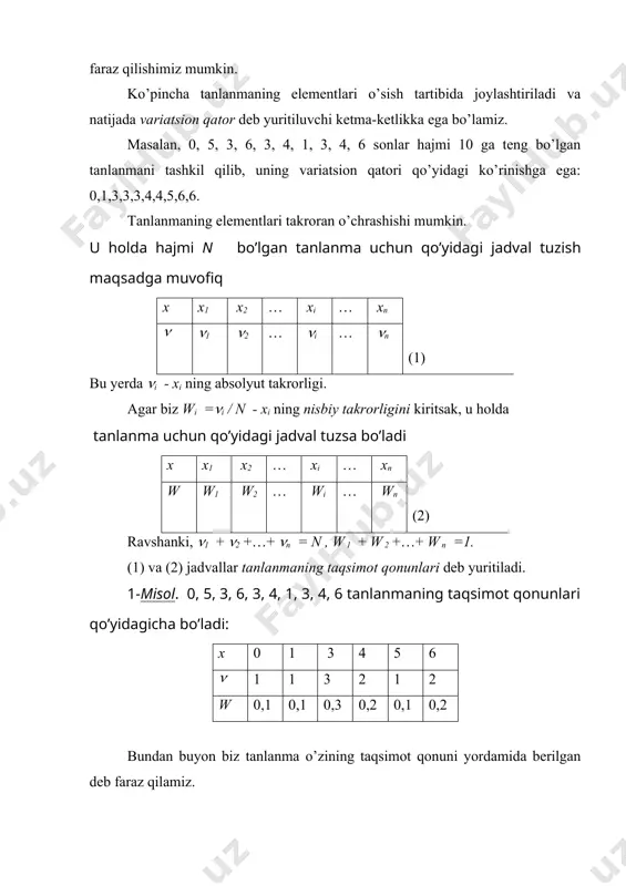 hollarda gistogrammada ti / n kattalik o’rniga ti olinadi. shuni ta’kidlash lozimki, gistogrammalarni hozirgi kunda keng tarqalgan microsoft office dasturlar oilasi yordamida nisbatan tez va sifatli yasash imkoniyati mavjud. 4-misol. maktab o’qituvchilari ish staji xaqida ma’lumot ish staji (yillar) o’qituvchilar soni 5–10 3 10–15 5 15–20 10 20–25 12 25 da ortiq 6 jami 36 jadvalda o’z aksini topgan bo’lsa, u holda shehm gistogrammani qo’yidagicha ko’rinishda yasaydi. q’yidagi kattaliklar tanlanmaning sonli xarakteristikalari sifatida ahamiyatlidir: 1) mx = - tanlanma o’rta qiymati ; 2) dx = - tanlanma dispersiyasi ; 3) s = - o’rta kvadratik chetlanish ; 5-misol. 1-misoldagi tanlanma uchun o’rta qiymat, dispersiya va o’rta kvadratik chetlanish topilsin. yechish. mx=0,1(0+0,1(1+0,3(3+0,2(4+0,1(5+0,2(6=3,5; dx=0,1((0–3.5)2 +0,1((1–3.5)2+ 0,3((3–3.5)2+0,2((4–3.5)2+0,1((5–3.5)2+0,2((6–3.5)2=4; s =2. 4. tayanch tushunchalar: hodisalar, ehtimollik, ehtimollarni qo’shish va ko’paytirish. ro’y bermasligi aniq hodisa, qarama-qarshi hodisa, mukarrar hodisa, hodisalar yig’indisi , hodisalar ko’paytmasi, birgalikda ro’y bermaydigan yoki noo’rindosh hodisalar binomial taqsimot, bosh majmua, tanlanma, variatsion …