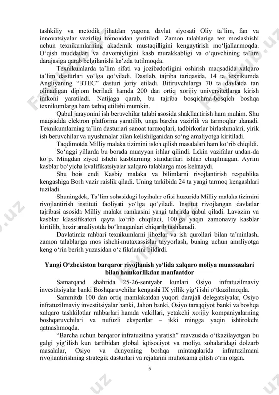 rlar tadbirkorlarga sotilgan. lekin ayrim viloyatlarda bu jarayon hozircha sust ekani ko‘rsatib o‘tildi. viloyat hokimlariga hududlarni kompleks rivojlantirish va urbanizatsiya bo‘yicha 48 ta, turizm zonalarini tashkil etishga qaratilgan 20 ta, yo‘l bo‘ylarida savdo va xizmatlarni kengaytirish bo‘yicha 68 ta master rejani jadallashtirish vazifasi qo‘yildi. qurilishlar sifati masalasiga alohida e’tibor qaratildi. ayrim pala-partish loyihalar odamlarning e’tiroziga sabab bo‘layotgani qayd etildi. qurilayotgan har bir inshoot bo‘yicha kunlik nazorat o‘rnatilishi belgilandi. buning uchun qurilish va uy-joy kommunal xo‘jaligi sohasida nazorat qilish inspeksiyasining hududiy boshqarmalarida shtab tashkil qilinadi. davlat hisobidan qurilayotgan har bir binoga videokameralar o‘rnatilib, inspeksiyaga ma’lumotlar onlayn borib turadi. shuningdek, noqonuniy qurilishlar bo‘yicha mahalla raislari va jamoatchilik nazorati kuchaytiriladi. har bir qurilayotgan imorat oldida “qr” kodli ma’lumotlar yozib qo‘yiladi. bu bo‘lmasa, qurilish noqonuniy hisoblanadi. mutasaddilarga qurilish nazoratida yangi raqamlashgan tizim yaratish, tegishli inspeksiya faoliyatini takomillashtirish bo‘yicha topshiriqlar berildi. har bir viloyatda tashkil qilingan shaharsozlik kengashlari faoliyati bo‘yicha ham e’tirozlar ko‘p. kengashga kiritilgan …