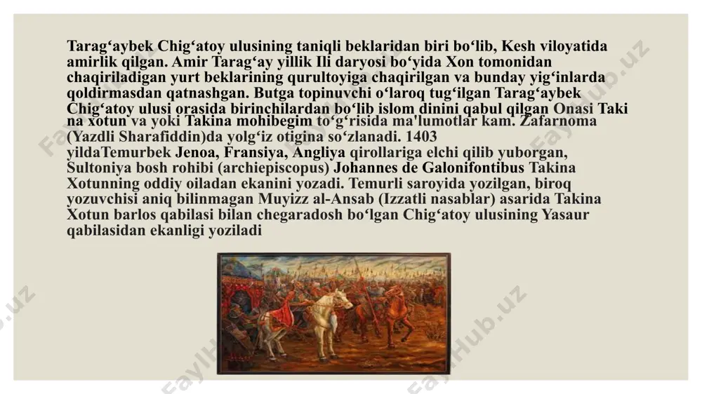 ʻgʻli jahongir temuroʻgʻli oʻladi. temurbek 5-bora jeta tomon yuradi va toʻqtamish oʻgʻlon bilan uchrashadi. toʻqtamishga sigʻnoq va sabron oʻlkalarini beradi. 1376-yilning oʻzida temurbek oʻrisxon tomon qoʻshin tortadi. jayron qamishda yogʻiy qoʻshinini yengadi. 1377-yilda samarqandga qaytadi. temurbek qaytishi ortidan toʻqtamish hokimiyati yiqiladi. temurbek toʻqtamishni yana qoʻllaydi va qurol-yaroq bilan taʼminlaydi. 1379-yil temurbek xorazm tomon 4-bora yurish qiladi. temurbek soʻrovni sharaf bilib yolgʻiz oʻzi qal’a ostiga boradi. biroq yusuf soʻfiy tashqariga chiqmaydi. temurbek qal’ani egallaydi. 1381-yilda temurbek eron oʻlkasi tomon qoʻshin tortadi. temurbek ketma-ket fushanj qal’asini va hirotni oʻz davlati yerlariga qoʻshib oladi. keyin samarqandga qaytadi. 5. oltin oʻrda davlati – toʻqtamishxonning yengilishlaridan keyin temurbek oltin oʻrdada oʻzi xon belgilab keladi va savdo aloqalarini saqlaydi. oltin oʻrda temurbek davlati boʻyinturugʻi ostiga toʻla kirmasada ortiq xavf tugʻdirmaydigan davlatga aylanadi. oltin oʻrda davlatining choʻkish davri boshlanadi. mamluqlilar davlati – shomdagi qaqshatqich yengilishdan keyin mamluqli davlati temurbekning soʻrovlarini, elchi atalmishni qoʻyib yuborish va soʻralgan mollarni …