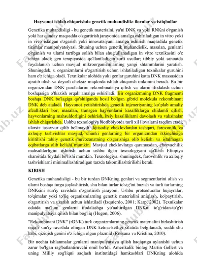 hayvonot ishlab chiqarishda genetik muhandislik: ilovalar va istiqbollar — DOCX