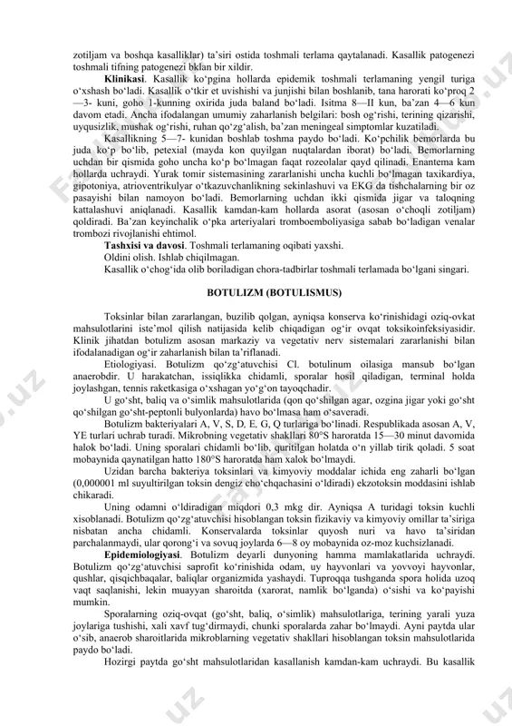 ‘planadi. paster tomonidan boshqa hayvonga intratserebral ekma orqali ajratib olingan yovvoyi yoki tabiiy virus farq qilinadi. virus sovuqqa juda chidamli bo‘lib, qizdirilganda aksincha, juda chidamsiz bo‘lib, tezda patogen faolligini yo‘qotadi. amalda qo‘llaniladigan dezinfeksiyalovchi eritmalar (lizol, xloramin) virusni tezda zararsizlantiradi. yuqorida aytilganidek, odamga kasallik quturgan hayvon tishlaganda yoki so‘lagi tekkanda yuqadi. natijada virus teri osti yog‘ qavatiga yoki shilliq parda ichiga tushadi. virus neyrotrop xususiyatga ega bo‘lgani uchun perinevral retikuloendotelial hujayralarga so‘rilib, markaziy nerv sistemasiga qarab harakat qila boshlaydi. u markaziy nerv sistemasiga yetib bo‘lganidan keyin bosh miya va periferik nervlar yo‘li bo‘ylab harakatlanadi. viruslar markaziy nerv sistemasida eng ko‘p miqdorda yig‘ilsa, kasallik avj oladi. quturish virusi so‘lak bezlariga nisbatan muayyan tropizmga ega bo‘lib, goho inkubatsion davrining oxirida, klinik simptomlar rivojlanishidan 7—8 kun oldin so‘lak bilan ajraladi. epidemiologiyasi. quturish kasallign issiq qonli xayvonlar orasida keng tarqalgan bo‘lib, itlar, mushuklar, bo‘rilar, tulkilar va chiya bo‘rilar kasallik virusining asosiy manbai hisoblanadi. kasallik barcha …
