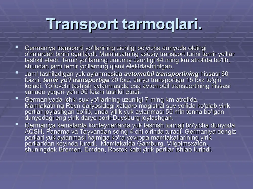 amalga oshiradilar, xizmat ko‘rsatish sohalariga egalik qiladilar. jahonning 50 yirik tmk lari tarkibida germaniyaning soni 7 tagacha ko‘paydi. germaniya chetga kapital eksport qilishda ham faol ishtiroq etmoqda. kapital eksporti, importdan ustun turadi. germaniya chetga kapital eksport qilish bo‘yicha jahonda beshinchi o‘rinni egallaydi. jahon kapital bozorining 50 % uning ulushiga to‘g‘ri keladi. germaniyada asosiy kapital eksport qiluvchilar tmk lar hisoblanishadi. keyingi yillarda o‘zbekiston iqtisodiyotiga nemis kapitalini investitsiya qilishga qiziqish oshayapti, birinchi navbatda eksport talab sohalar-ximiya, tog‘-kon, yengil, oziq-ovqat sanoati, yo‘l-transport va boshqa tarmoqlarga. bundan tashqari, germaniya jahon moliyaviy-iqtisodiy inqirozi ta’siridan tez sur’atlarda chiqishga muvaffaq bo‘ldi va yuqori sur’atdagi iqtisodiy o‘sishga erishdi. germaniya bilan ikki tomonlama aloqalar an'anaviy keng ko'lamli xarakterga ega. hamkorlikning salmoqli shartnoma-xuquq bazasi tashkil etilgan. davlatlar o'rtasidagi siyosiy muloqot turli darajalarda, jumladan oliy darajada davom ettirilmoqda. o'zbekiston respublikasi prezidenti i.a.karimovning germaniya federativ respublikasiga rasmiy tashriflari (1993, 1995 va 2001 yy.), germaniya prezidenti r.hersog (1995y.) va kansleri g.shryoderning (2002y.) o'zbekistonga …