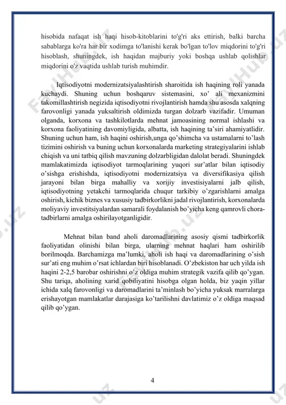 sifati va unumdorligiga qarab taqsimlanadi, bu esa o‘z navbatida ish haqi deb yuritiladi. ish haqi hozirgi davrda barcha mamlakatlar iqtisodiyotida muhim o‘rin tutadi. shuning uchun ham iqtisodchi olimlar ish haqining mazmuniga katta e’tibor beradilar. ish haqining mazmunini aniqlashda turli iqtisodchilar turli tomondan yondashib, unga har xil ta’rif beradilar. d.rikardo va t.maltuslarning «yashash uchun vosita minimumi» konsepsiyasida ish haqini yashash uchun zarur vositalarning fiziologik minimumi bilan bir xil deb hisoblanadi. lekin bunday qarash to‘g‘ri emas. bu minimum o‘z ichiga ishchi kuchi shakllanadigan iqtisodiy, ijtimoiy va madaniy shart-sharoitlar tug‘dirgan ehtiyojlarni ham oladi. shu bilan birga ishchi kuchi narxining quyi chegarasini yashash uchun zarur vositalar miqdorining minimumi bilan aniqlash, ishga yonlovchilarning ish haqini mazkur quyi chegaradan pasaytirishga intilishiga olib kelishi mumkin. iqtisodiy jihatdan rivojlangan mamlakatlarning xo‘jalik amaliyotidagi ish haqining darajasini kuzatish shuni ko‘rsatadiki, ishchi kuchi bozorida real ish haqining o‘rtacha darajasi yashash uchun zarur jismoniy vositalar minimumiga qaraganda ancha yuqori darajada o‘rnatilgan. qiymatning …