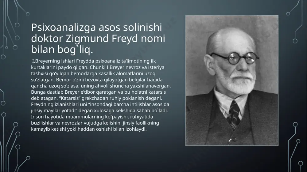 etadi. 1. ongsiz psixik jarayonlarni bildiruvchi nazariy konstruktsiya bo’lib, unga nisbatan sub’ektiv nazorat mavjud emas. xabardorlik uchun maxsus harakatlarning mavzusiga aylanmaydigan hamma narsa ongsiz bo’lib chiqadi. (psixologik lug’at) 2. ongsiz yoki ongsiz – nisbatan sub’ektiv nazorat mavjud bo’lmagan aqliy jarayonlar majmui. shaxs uchun anglash ob’ekti bo’lmaydigan har qanday narsa ongsiz deb hisoblanadi. (vikipediya) ong osti – bu ma’lum bir vaqtda ongning semantik faoliyatining markazi bo’lmasdan, ongli jarayonlarning rivojlanishiga ta’sir ko’rsatadigan faol psixik jarayonlarning o’ziga xos xususiyati. image2.png image3.jpeg /docprops/thumbnail.jpeg