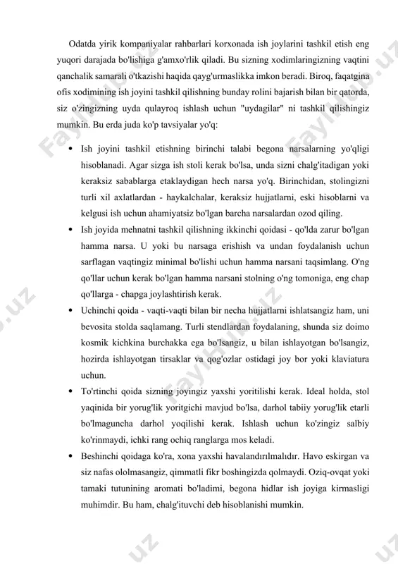 anglarga mos keladi. · beshinchi qoidaga ko'ra, xona yaxshi havalandırılmalıdır. havo eskirgan va siz nafas ololmasangiz, qimmatli fikr boshingizda qolmaydi. oziq-ovqat yoki tamaki tutunining aromati bo'ladimi, begona hidlar ish joyiga kirmasligi muhimdir. bu ham, chalg'ituvchi deb hisoblanishi mumkin. “2010 yili ko‘rilgan amaliy choralar natijasida mamlakatimizda 940 mingdan ziyod yangi ish o‘rinlari yaratildi, ularning 500 mingdan ortig‘i qishloq joylarda tashkil etildi. kichik biznes sohasida 390 mingdag ziyod, shu jumladan, xizmat ko‘rsatish sohasida 270 mingdan ortiq yangi ish o‘rinlari ochildi. bu borada ko‘rilgan chora-tadbirlar mamlakatimiz iqtisodiyotini ortiqcha yukdan xalos qilish, byudjet va ish haqi bo‘yicha umumiy miqdori 1 trillion so‘m kreditorlik qarzini uzish, bankrot korsonalar negizida 100 dan ortiq yangi turdagi ishlab chiqarish quvvatlarini tashkil etish, qo‘shimcha ravishda 17 mingdan ortiq ish o‘rni yaratish imkonini berdi. keng ko‘lamli ishlab chiqarishni mahalliylashtirish dasturi doirasida o‘tgan yili 840 dan ortiq loyiha amalga oshirildi va bu mahalliylashtirilgan mahsulot ishlab chiqarish hajmini 2008 yilga nisbatan 2,3 …