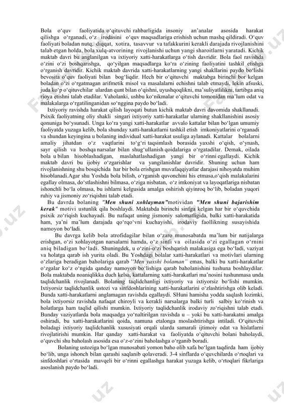 ik qila boshlaydi. maktabda birinchi sinfga kelgan har bir o‘quvchida psixik zo‘riqish kuchayadi. bu nafaqat uning jismoniy salomatligida, balki xatti-harakatida ham, masalan, ma’lum darajada qo‘rqo‘vni kuchayishi, irodaviy faollikning susayishida namoyon bo‘ladi. bolaning ijtimoiy munosabatlar tizimi va faoliyatidagi kardinal o‘zgarishlar uning organizmidagi barcha tizimlar va funksiyalaridagi o‘zgarishlarga to‘g‘ri kelib boladan kuchli zo‘riqish va o‘z ichki imkoniyatlaridan to‘liq foydalanish zaruriyatini taqazo etadi. maktabga tayyor bo‘lgan boladagi ushbu o‘zgarishlar salbiy oqibatlarni olib kelmay, aksincha uning yangi sharoitlarga muvaffaqiyatli moslashuviga yordam beradi. o‘qituvchining munosabat uslubi o‘quvchining faolligiga bevosita ta’sir ko‘rsatadi. kichik maktab yoshidagi bolalar tez chalg‘iydilar, uzoq vaqt diqqatlarini bir narsaga qarata olmaydilar, ta’sirchan hamda emotsional bo‘ladilar. maktabda o‘qishning boshlanishi 7 yoshda bo‘ladigan ikkinchi fiziologik inqiroz bilan mos keladi (bola organizmida jadal bo‘yning o‘sishi, ichki organlarning kattalashuvi, vegetativ o‘zgarishlar bilan bog‘liq bo‘lgan keskin endokrin o‘zgarishlar ro‘y beradi). bolaning ijtimoiy munosabatlar tizimi va faoliyatidagi kardinal o‘zgarishlar uning organizmidagi barcha tizimlar va funksiyalaridagi o‘zgarishlarga to‘g‘ri kelib, …