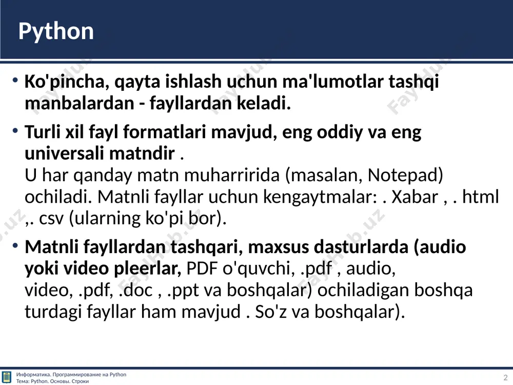 lni ochadi. ko'rsatkich faylning boshida joylashgan. agar mavjud bo'lmasa, fayl nomi bilan atalgan faylni yaratadi. w+ o'qish va yozish uchun faylni ochadi. ko'rsatkich faylning boshida joylashgan. agar mavjud bo'lmasa, fayl nomi bilan atalgan faylni yaratadi. wb + ikkilik formatda o'qish va yozish uchun faylni ochadi. ko'rsatkich faylning boshida joylashgan. agar mavjud bo'lmasa, fayl nomi bilan atalgan faylni yaratadi. a faylga ma'lumot qo'shish uchun faylni ochadi. ko'rsatkich faylning oxirida joylashgan. agar mavjud bo'lmasa, fayl nomi bilan atalgan faylni yaratadi. ab ikkilik formatda qo'shiladigan faylni ochadi. ko'rsatkich faylning oxirida joylashgan. agar mavjud bo'lmasa, fayl nomi bilan atalgan faylni yaratadi. a+ qo'shish va o'qish uchun faylni ochadi. ko'rsatkich faylning oxirida joylashgan. agar mavjud bo'lmasa, fayl nomi bilan atalgan faylni yaratadi. ab+ ikkilik formatda qo'shish va o'qish uchun faylni ochadi. ko'rsatkich faylning oxirida joylashgan. agar mavjud bo'lmasa, fayl nomi bilan atalgan faylni yaratadi . 6 python- информатика. программирование на python тема: python. основы. строки …