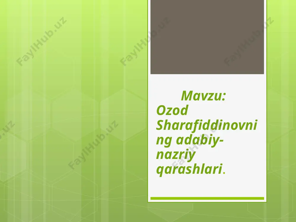 biy jarayonda yetuk munaqqid,mohir portretnavis,adabiy tanqidiy muammolarni izchil yoritib beruvchi olim hamda mohir tarjimon sifatida tanildi. 2.she’ruyatning zukko tanqidchisi. shaxsga sig’inish iskanjasidan ozod bo’layotgan o’zbek she’riyati,nasri va dramaturgiyasida 50-yillar oxri 60-yillar avvalida jiddiy siljishlar, o’zgarishlar ro’y berdi. o’zbek nazmida yuz berayotgan bunday o’zgarishlar ozod sharafiddinovning “zamon.poeziya” (1962) deb momlangan ilmiy kashfiyotlarga boy ,o’zbek she’riyatining kechagi kuni va bugungi yutuq,kamchliklar umumlashtirilgan salmoqli kitobda o’z ifodasini topadi. kitobdagi maqolalarda g’ofur g’ulomdek avtoritetlarni, h.g’ulom ,a.muxtor,mirmuhsin ijodida yo’l qoyilgan nuqsonlarni aytishga jura’t etadi. zamonaviylik faqat mavzu yoki muammogina emas, ana shularni yorituvchi badiiylikdir. shu ma’noda zamonaviylik asosi badiiylida yotadi, degan qarash faqat ozddagina emas ummuman, o’zbek tanqidchligining jiddiy yutuqlaridan biri edi. olimning navbatdagi”adabiy etudlar”(1968)nomli kitobidan joy joy olgan maqolalarda a.qahhor,zulfiya,m. boboyev,p.qodirov asarlari tahlil qilinadi. “qalbimizga yaqin shoira” nomli maqolasida zulfiyaning nafis va go’zal ijodiga portreti yaratiladi.”shoirning yo’li maqolasida” m.boboyev ijodi haqida bahs yuritilgan. bu kamtar va zahmatkash qalam sohibi haqida,ummuman,o’zbek tanqidchligidagi shu vaqtgacha yaratilgan …