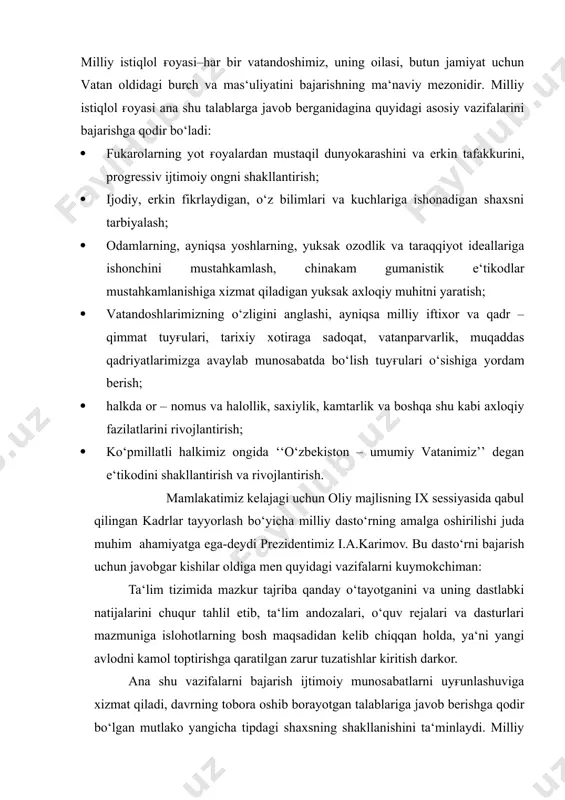 lanishini ta‘minlaydi. milliy ғoya‘ni ruyobga oshirish jarayonida uzluksiz ta‘lim tizimlarini, ko‘prok halk pedagogikasida, o‘yinlarda va shu kabilarda o‘z aksini topgan progressiv milliy, ma‘naviy – axloqiy kadriyatlar va normalarni qayta tiklash, rivojlantirish hamda hozirgi hayotga, o‘quv – tarbiya ishlariga joriy etish bilan chambarchas boғliqdir. har bir insoning shaxsi ta‘lim, ijtimoiy muhit ta‘sirida shakllanadi. natijada u ijtimoiy jixatdan ahamiyatli bo‘lgan vazifalarni bajaradi,ijtimoiy rolni o‘zlashtirib oladi, o‘zining qiziqishi, qobiliyatini ijodiy muloxaza qilib ko‘radi, jamiyatning boshqa a‘zolari bilan mustaqil munosabatga kirishadi va shu tariqa shaxsning ijtimoiylashuvi yuz beradi. ijtimoiy pedagogika ma‘naviy – ma‘rifiy faoliyatning alohida sohasi sifatida uning ommaviyligi, barcha aholi o‘rtasida milliy istiqlol ғoyalarini tarғibot – tashviqotini keng olib borish imkoniyatini beradi. ijtimoiy pedagogika predmeti san‘atdan shaxsga ta‘sir etadigan ғoyaviy –emotsional vositalar kompleksidan keng foydalanish bilan fark qilib turadi. ijtimoiy pedagogika o‘zbekistonda ham, dunyodagi boshqa mamlakatlarda ham uzoq va chukur an‘analarga ega. shunga karamay sovet davrida ijtimoiy pedagogika yutuqlari e‘tiborga olinmadi. bunday muammolarni …