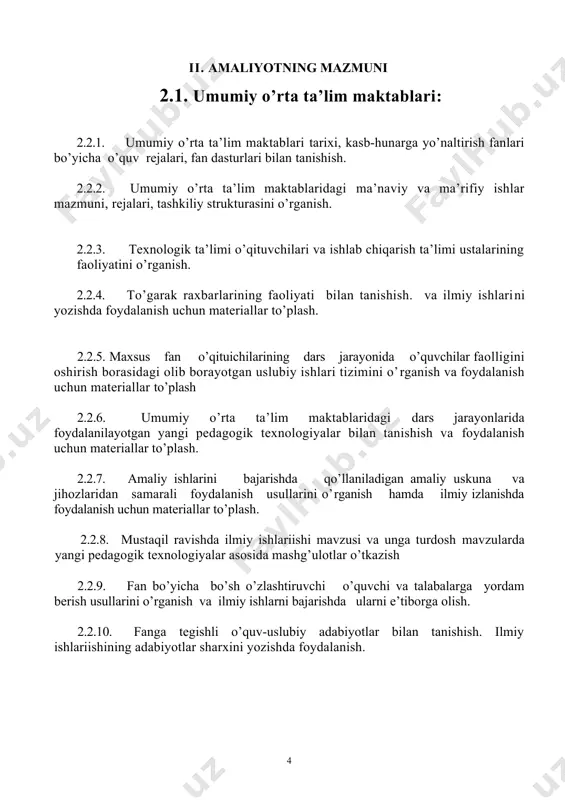 an kelib chiqqan xolda va uning dasturiga binoan talabalar uchun o’quv muassasalarining, ishlab chiqarish yoki o’quv-tarbiyaviy faoliyatiga doir mavzularda nazariy mashg’ulotlar va seminarlar o’tkazish; · amaliyotchi talabalarning mexnat intizomini, davomatini, kundalik daftar yuritishlarini va amaliyot rejasining bajarilishini doimiy nazorat qilish; · talabalarning hisobot tuzishlari uchun zaruriy me’yoriy xujjatlar, texnologik tavsiyanomalar, qo’llanmalar, texnologik uskunalarning texnik pasportlari va adabietlar bilan tanishishlari uchun amaliy yordam berish; · amaliyot muddati tugagach har bir talaba amaliyot rejasini qay darajada bajarganligi, mehnat intizomi, ijtimoiy hayotida qatnashishi va boshqa xususiyatlarini xisobga olgan holda ularga tavsifnoma rasmiylashtirib berish. 3.2. kafedra tomonidan tayinlanadigan amaliyot raxbarining vazifalari: · amaliyot boshlanishi oldidan talabalarni amaliyot dasturi, yo’llanma va kundalik daftarlari bilan ta’minlash; · talabalarni amaliyot o’tkazish tartiblari bilan tanishtirish va xavfisizlik texnikasi bo’yicha birlamchi instruktaj o’tkazish; · ta’lim muassasalarida tayinlanadigan amaliyot rahbari bilan xar bir talaba uchun amaliyot o’tash rejasini tuzish; ixtisoslikning o’quv rejasiga hamda amaliyot dasturiga asosan nazariy mashg’ulotlar va seminarlar …