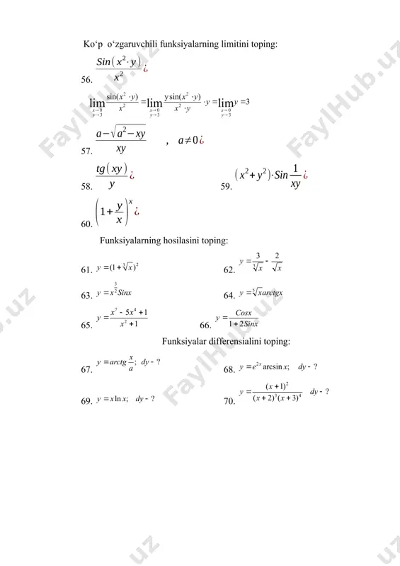 2 2 lim + + + - ¥ ® x x x x x 2 1 2 1 2 5 lim x x x x - + ¥ ® sinx cosx x cos x sin x - - - ® 1 2 2 lim 4 p 2 2 0 2 lim x x sin x ® 2 2 3 lim 0 - + ® x x sin x 1 4 ) 2 1 arcsin( 2 5 1 lim - - ® x x x 2 0 1 lim x cosmx x - ® ; 1 1 2 lim x x x ÷ ø ö ç è æ - ¥ ® 4 4 2 1 3 1 2 lim - + + ¥ ® n n n n e x x x = ÷ ø ö ç è æ + ¥ ® 1 1 lim 1 lim lim 1 1 1 …