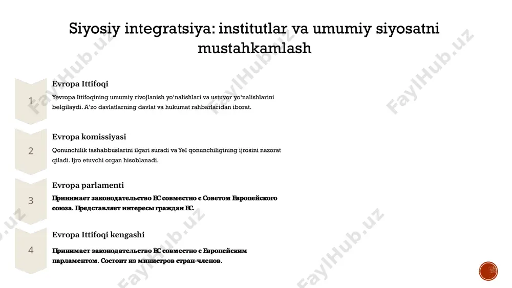 hga joylashish imkoniyatlari – yevropa ittifoqidagi ijtimoiy himoya tizimi fuqarolarni boshqa a'zo davlatlarga ko‘chishga, yangi ish topishga va o‘z malakalarini oshirishga rag'batlantiradi. bu esa, o‘z navbatida, mehnat bozorini yaxshilaydi va iqtisodiy integratsiyani mustahkamlaydi. ta'lim va malaka oshirish – yevropa ittifoqida ta'lim olishda teng huquqlilik ta'minlanadi, bu esa fuqarolarga ta'lim olish, kasbiy malaka oshirish va kelajakda yaxshiroq ish topish imkoniyatini beradi. ijtimoiy himoya tizimi bu jarayonda davlat tomonidan taqdim etiladigan yordamni o‘z ichiga oladi. yevropa ittifoqi doirasida fuqarolar uchun ta'lim olish va malaka tan olishda keng imkoniyatlar mavjud. bu quyidagi jihatlarni o‘z ichiga oladi: erkin ta'lim olish huquqi – yevropa ittifoqi fuqarolari o‘zlarining yashash joylaridan qat'i nazar, boshqa a'zo davlatlarda ham ta'lim olish imkoniyatiga ega. bu erkin harakatlanish huquqini yanada kengaytiradi, fuqarolarga turli davlatlarning ta'lim tizimlaridan foydalanish imkonini yaratadi. tan olingan diplomlar va malakalar – yevropa ittifoqi a'zo davlatlarida berilgan ta'lim diplomlari va malakalari boshqa a'zo davlatlarda ham tan olinadi. yevropa …