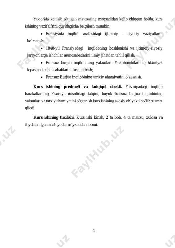yotlar roʼyxatidan iborat. 5 i. yevropadagi inqilob harakatlarning fransiya misolidagi talqini. 1.1. fransiyada inqilob arafasidagi ijtimoiy – siyosiy vaziyat. xix asrning 40 -yillarida qishloq va shahar aholisining keng ommasi juda tez qashshoqlashib bordi. shuning uchun ham 1841-yildan 1847-yilgacha fransiyada ishchi va dehqonlar hamma joyda kurashga otlandilar. ishchilar dehqonlar bilan birgalikda ko‘p vaqtda hukumat askarlari va politsiya bilanqonli jang qildilar. 1846-1848-yillardagi stachkalar ichida riv-j‘e shaxtyorlarining aprel oyidagi ish tashlashi alohida o‘rin tutadi, bu ish tashlash bir yarim oycha davom etgan edi. shahar va qishloq aholisining keng tabaqalari shaxtyorlarning ish tashlashini qo‘llab – quvvatladi. tur shaxrida noyabr oyida ko‘tarilgan ish tashlash harakati siyosiy tus olib, tur ishchilarining qishloq kambag‘allari bilan aloqa bog‘laganliklarini ko‘rsatdi. 1841-yilda aholini va soliq obyektlarini ro‘yxatga olish munosabati bilan ko‘tarilgan g‘alayonlar zo‘r inqiloblashtiruvchi ahamiyatga ega bo‘ldi. ba‘zi joylarda soliq inspektorlari paydo bo‘lgan vaqtdayoq minglab dehqonlar, hunarmandlar, ishchilar qo‘zg‘aldilar. inspektorlar haydab yuborilardi, ro‘yxat yirtib tashlanardi, faqat katta harbiy qismlar kelgach, …