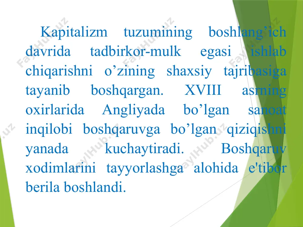 rahbar bilan xodim o’rtasida o’zaro hurmatni, quloq solishni talab qiladi. shartnomalarning so’zsiz bajarilishini taqozo etadi. 4. yakkaboshchilik - xodim bevosita boshlig’idan buyruq olishi kerak. 5. yo’nalishning bir xilligi - yagona maqsad doirasida faoliyat ko’rsatayotgan har bir guruh, yagona reja asosida ishlashi va bitta rahbarga ega bo’lishi kerak. 6. shaxsiy manfaatlarni umumiy manfaatga bo’ysundirish - alohida xodim yoki guruhning manfaatlari bir-biriga zid kelmasligi kerak. 7. xodimlarni taqdirlash - xodimlarning ishonchini qozonish va ularning hamdardligini oshirish uchun ularga adolat yuzasidan barcha mehnatiga haq to’lash lozim. 8. markazlashish - hamma o’z o’rnida bo’lishi va o’z burchini ado etishi lozim. 9. boshqaruvdagi ierarxiya -bunda quyi daraja yuqoridan nazorat qilinadi va yuqoriga bo’ysunadi. 10. tartib -hamma o’z o’rnida bo’lishi va o’z burchini ado etishi lozim. 11. adolat -tashkilotda adolatning hukm surishi-bu qonunning ustuvorligi bilan rahmdillikning uyg’unlashuvi. 12. xodim uchun ish joyining doimiyligi - yuqori darajadagi qo’nimsimzlik tashkilot faoliyati samaradorligini pasaytiradi. o’z ish joyini mustahkam egasi …