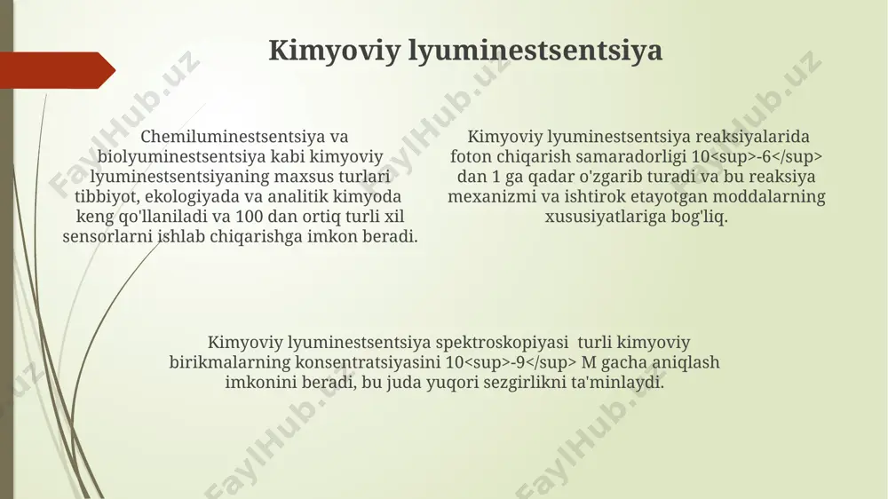 irlik (ppt darajasida 10 -12 m gacha aniqlash mumkin) va yuqori selektivlikni o'z ichiga oladi, bu uni juda oz miqdordagi moddalarni aniqlash uchun ideal qiladi. lyuminestsent tahlil usullari, masalan, floresents va fosforesents spektroskopiyasi, turli xil analitlarni, shu jumladan ionlarni, organik molekulalarni va biomolekulalarni aniqlashga imkon beradi, bu esa uni ko'p qirrali qiladi. kelajakdagi istiqbollar kelajakda lüminessent analiz usullarining sezgirligi 1000 marta oshirilishi va 10⁻¹⁸m darajasidagi konsentratsiyalarni aniqlash imkoniyati kutilmoqda. sun'iy intellekt va mashinani o'rganish texnologiyalari yordamida lüminessent ma'lumotlarni avtomatlashtirilgan tahlil qilish va natijalarni tezlashtirish bo'yicha 50% ga yaqin samaradorlik o'sishi bashorat qilinmoqda. qo'llaniladigan lüminoforlar sonining ko'payishi (kamida 10 ta yangi turdagi lüminoforlar) va ularning xususiyatlarini individual ravishda sozlash imkoniyati analitik imkoniyatlarni kengaytiradi. lyuminestsentsiya hodisasining mohiyati lyuminestsensiya hodisasining kvant samaradorligi 1% dan 100% gacha o'zgarib turadi va bu ko'rsatkich berilgan moddaning nurlanish qobiliyatini belgilaydi, shu bilan birga energiya yo'qotishlarini baholashga imkon beradi. lyuminestsensiya, moddaning yorug'lik yutishidan keyin 10⁻⁸ dan 10⁻⁴ sekundgacha …