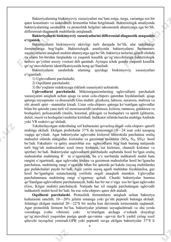 ordan foydalaniladi. qisqa qatorga suyuqmono va disaxaridli giss muhiti: glyukoza, laktoza, saxaroza, maltoza va olti atomli spirt—mannitlar kiradi. uzun «ola-chipor» qatorga ko‘rsatilgan uglevodlar bilan bir qatorda yana turli xil monosaxaridli (arabinoza, ksiloza, ramnoza, galaktoza va boshqalar), polisaxaridli (inulin, kraxmal, glikogen va boshqalar) va spirtli (glitserin, dulsit, inozit va boshqalar) muhitlar kiritiladi. indikator sifatida barcha muhitga andrede yoki vr reaktivi qo‘shiladi. tekshirilayotgan mikrobning sof kulturasini qovuzloq orqali «ola-chipor» qatorli muhitga ekiladi. ekilgan probirkalar 37as da termostatga 18—24 soat yoki uzoqroq vaqtga qo‘yiladi. agar bakteriyalar uglevodni kislorod ishtirokida parchalasa oraliq mahsulot sifatida aldegidlar, kislotalar va gazsimon moddalar (so₂, n₂, sn₂) hosil bo‘ladi. fakultativ va qatiiy anaeroblar esa uglevodlarni bijg‘itadi buning natijasida turli bijg‘ish mahsulotlari xosil (moy kislotasi, sut kislotasi, chumoli kislotasi va spirtlar) bo‘ladi. bakteriyalar uglevodlarni parchalashi oqibatida hosil bo‘lgan oraliq mahsulotlar muhitning r’ ni o‘zgartiradi, bu o‘z navbatida indikatorli muhit ham rangini o‘zgartiradi, agar uglevodni kislota va gazsimon mahsulotlar hosil bo‘lguncha …