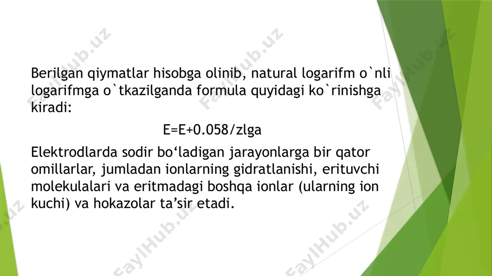 i qiymatiga asoslanib redoks jarayonning yoʻnalishini aniqlash mumkin. masalan, fe+3 / fe+2 juftining potensiali +0,771 v boʻlsa sn+4/sn+2 juftiniki +0,153 v ni tashkil qiladi (17.3-jadval). bu degani fe+3 ionining oksidlovchilik xususiyati sn+4 ionnikidan kuchliroq ekan va fe+3 + sn+2 fe+2 + sn+4 oksidlanish-qaytarilish sistemasidagi muvozanat koʻproq chapdan oʻngga siljigan boʻladi. shunday qilib, standart oksidlanish-qaytarilish potensiallarini bir-biri bilan solishtirib oksidlanish-qaytarilish jarayonlar borish-bormasligi ehtimolligini oldindan potensiometrik titrlashda ishchi eritmani quygan sari aniqlanayotgan eritmaning elektr yurituvchi kuchi yoki ph qiymati oʻlchanib boriladi. shisha elektrodi eritmalar phini 2–12 oraligʻida potensiometrik usul bilan oʻlchaganda ishlatiladi. buning uchun quyidagi galvanik element tuziladi masalan, kislotani ishqor bilan titrlashda vodorod ionlarining konsentratsiyasi kamayib borgani sari sistemaning eyuki sekin-asta kamayadi, phi esa ortib boradi. ekvivalent nuqtada eyuk keskin kamayib, ph esa keskin ortadi. ekvivalent nuqtadan keyin yana sekin-asta oʻzgaradi potensiallarning tibbiyot va biologiyadagi ahamiyati biologik ob’ektlarda ham diffuziya potensiali paydo bo‘ladi: hujayralarning qobig‘i zararlanganda ularning tanlab o‘tkazuvchanligi buziladi va …