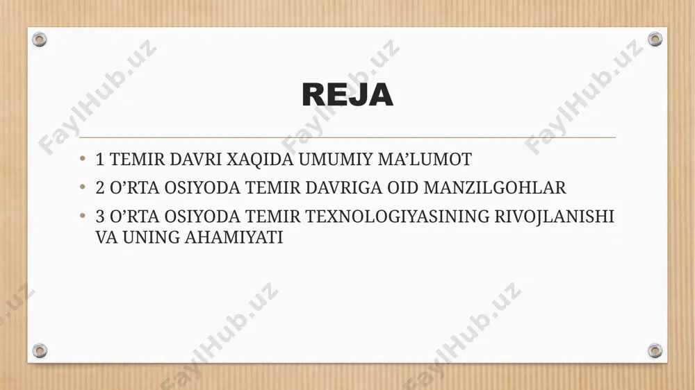 pachmoqtepa, qizilchatepa yodgorliklari oʻrganildi. l.i. albaum kuchuktepadan mil. av. 6— 4-asrlarga oid uyjoy qoldiklari, kulolchilik, temirdan yasalgan uyroʻzgor va deqqonchilik buyumlarini topgan. 60y.larda buxoro viloyatida xazora yodgorligi va sarmichsoy petrogliflari tekshirildi. qashqadaryoda temir davriga oid chimqoʻrgʻon yodgorligi (1972) oʻrganildi. 1973-yilda chordara istehkomi (konimex tumani) va romushtepa (jondor tumani) tekshirildi. temir davriga mansub arxeologik yodgorliklar toshkent viloyatida burganliktepa, qovunchitepa, tuyaboʻgʻiztepa va burchmulla xazinasi, fargʻona vodiysida esa, eylaton yodgorligi va oqtosh qabristoni asosida oʻrganilgan. ko’zaliqir manzilgohi 80—90 yillardan koʻktepa (samarqand viloyati), yerqoʻrgʻon va uzunqir (qashqadaryo viloyati) kabi mil. av. 7—6-asrlarga oid nodir obidalarda arxeologik qazishlar oʻtkazildi. bu yodgorliklarning tadqiqotlarida r. sulaymonov, m. filanovich, a. saʼdullayev, m. isamiddinov, sh. odilov, b. matboboyev va boshqalarning hissasi katta boʻddi. temir davriga oid yodgorliklarning tadqiqot natijalari, shubhasiz, oʻzbekiston tarixining eng muhim masalalaridan hisoblanadi. shaharsozlik madaniyatining shakllanishi shaharlar va mamlakatlararo savdosotiq munosabatlarining rivoji hamda ilk davlatchilik tizimlarining shakllanishi va rivoji tarixini oʻrganishda samarali natijalar bermoqda. chunki, temir …