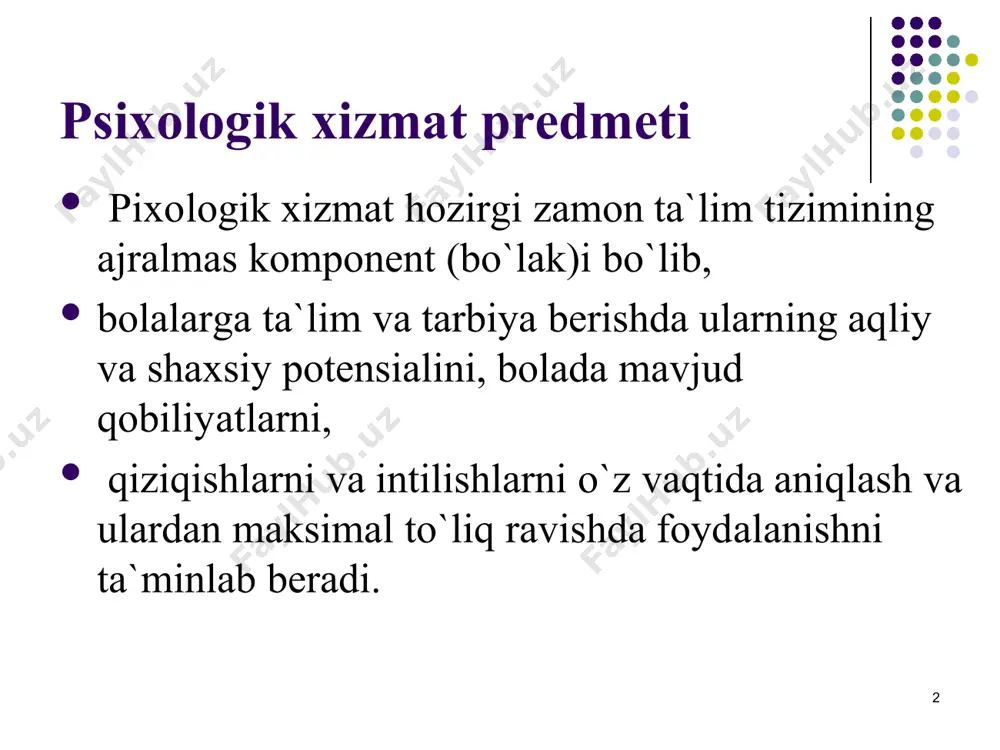 xodimlariga boshqaruv psixologiyasidan, odamlarning o`zaro munosabatlaridan, gurux faoliyatining samaradorligidan qo`shimcha bilimlar zarur. * psixologik xizmatning yana bitta maxsus vazifasi shundan iboratki, ular pedagoglar, defektologlar, sotsiologlar, vrachlar, yuristlar bilan hamkorlikda o`z tengqurlaridan farq qiluvchi bolalarning taqdiri bilan bog`liq bo`lgan qator muammolarni hal qiladilar. bu yerda so`z, eng avvalo, o`z taraqqiyotida orqada qolayotgan yoki iqtidorli bolalar to`g`risida boradi. * * o`z taraqqiyotida orqada qolayotgan bolalar o`zlarining o`zlashtirish imkoniyatlariga mos keluvchi soddalashtirilgan, kam murakkabroq ta`lim va tarbiya dasturlariga muhtojlar. iqtidorli bolalar esa aksincha, ta`limda oddiy bolalarga qaraganda murakkabroq, informatsiyaga to`ldirilgan dasturlarga muhtojlar, * * rivojlanishdan orqada qolayotgan va iqtidorli bolalar uchun taklif etiladigan o`quv dasturlari albatta oldindan turli profildagi mutaxassis pedagoglarni jalb etgan xolda psixologik pedagogik ekspertizadan o`tkazilishi kerak. bu pedagoglar boshqalarga bog`lanmagan holda taklif etilayotgan dastur mo`ljallangan bolalarning rivojlanishini ta`minlab beradimi yo`qmi degan nuqtai nazardan xulosa berishlari kerak. * soddalashtirilgan, lekin taraqqiyotni tezlashtiruvchi dasturlarni ishlab chiqish iqtidorli bolalarga mo`ljallangan qiyinlashtirilgan dasturni ishlab …
