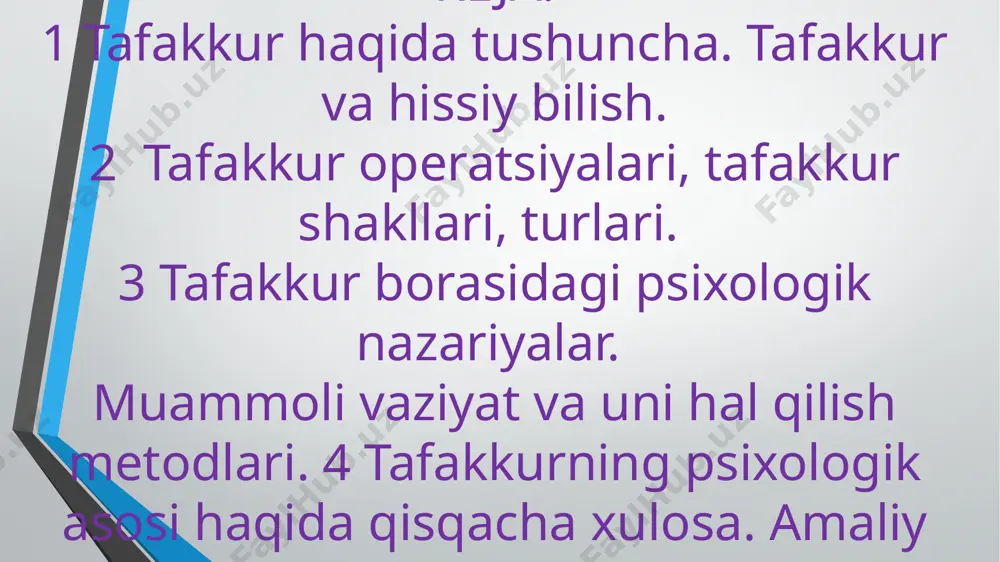 angan holda idrokning ichki rejalarida bajariladigan xatti-harakat. intellektual rivojlanish mezoni (ong iq – aqliy yosh (ayo) va xronologik yosh (xyo) orasidagi munosabatni bildiruvchi mezon: iq = ayo/xyo x 100. intellektning biror bir yosh shkalasiga suyangan holda test natijalari orqali rivojlanishini aniqlash mumkin. mazkur atamani ilk bora 1922 yilda d.simpson tafakkurning nostandart usuli, deb ta’rif bergan. tafakkur voqealikdagi narsa va xodisalarni ular o’rtasidagi bog’lanishlarni fikran umumlashtirib vositali yo’l bilan aks ettirishga aytiladi. tafakkur muammosini ko‘rib chiqqan a.a.smirnov tafakkur va aqliy jarayonlarning assotsiativ tarzda kechishini tafovutlash zaruriyati haqida ogohlantirgan edi. gap shundaki, aqliy faoliyatda biz assotsiatsiyalardan keng foydalanamiz, chunki ular tafakkur masalalarini echishda ahamiyatli yordam ko‘rsatadi. aqliy jarayonlarning assotsiativ kechishida holat o‘zgacha bo‘ladi. muhim tafovut shundan iboratki, bu vaziyatda o‘z oldimizga hech qanday maqsad qo‘ymaymiz, chunki hech qanday vazifani bajarmaymiz. bunda bir jarayon ikkinchisi bilan almashadi, chunki ular bir-biri bilan assotsiativ tarzda bog‘langan bo‘ladi. tafakkur jarayonlarining assotsiativ tarzda kechishi ko‘p hollarda inson …