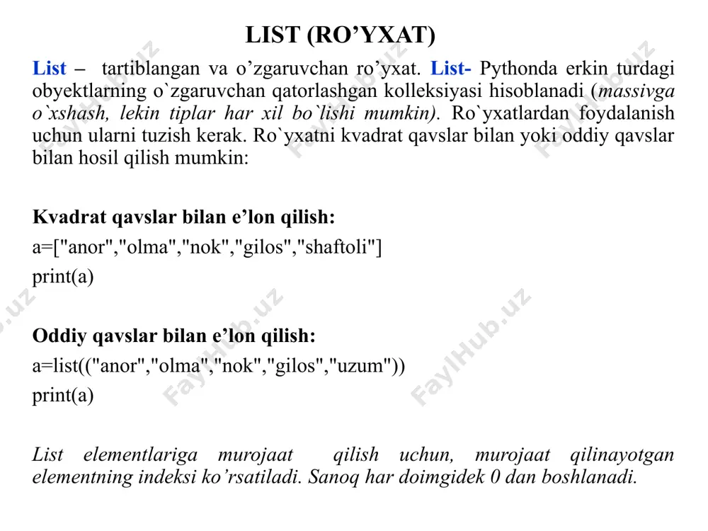 or i in a: b.append(i**2) print('a={}\nb={}'.format(a,b)) yoki print(f'a={a}\nb={b}') ro’yxat elementini istalgan o’rniga element qo’shishda insert() funksiyasidan foydalanamiz. ism=['ali','vali','soli','xoli'] ism.insert(0,'toir') print(ism) ro’yxatga element qo’shish 1) meva=['olma','anor','uzum','gilos'] ro’yxat elementlari berilgan. ushbu ro’yxatni quyidagi ko’rinishda hosil qiluvchi dastur tuzing. meva=['nok', 'olma', 'nok', 'anor', 'nok', 'uzum', 'nok', 'gilos'] ro’yxatga element qo’shish meva=['olma','anor','uzum','gilos'] for i in range(len(meva)): meva.insert(2*i,'nok') print(meva) ro’yxatdan elementni o’chirishda remove(), pop(), clear() funksiyalaridan hamda del xizmatchi so’zidan foydalanamiz. 1) remove() funksiyasi orqali ro’yxatdan elementni o’chirishda uning indeksiga emas balki element nomiga murojaat qilinadi. 2) pop() funksiyasi orqali ro’yxatdan elementni o’chirishda uning indeksi bo’yicha elementni ro’yxatdan o’chiradi. agar ro’yxat indeksi ko’rsatilmasa avtomatik ravishda ro’yxatning oxirgi elementini o’chiradi. 3) clear() funksiyasi ro’yxatdagi barcha elementlarni o’chiradi. 4) del xizmatchi so’ziga element indeksi ko’rsatilgan holda ro’yxat elementi o’chiriladi. ro’yxat elementni o’chirish ro’yxat elementni o’chirish rang=['qizil','sariq','yashil','qora'] rang.remove('sariq') print(rang) javob: ['qizil', 'yashil', 'qora'] rang=['qizil','sariq','yashil','qora'] rang.pop() print(rang) javob: ['qizil', 'sariq', 'yashil'] rang=['qizil','sariq','yashil','qora'] rang.pop(2) print(rang) javob: ['qizil', 'sariq', 'qora'] rang=['qizil','sariq','yashil','qora'] …