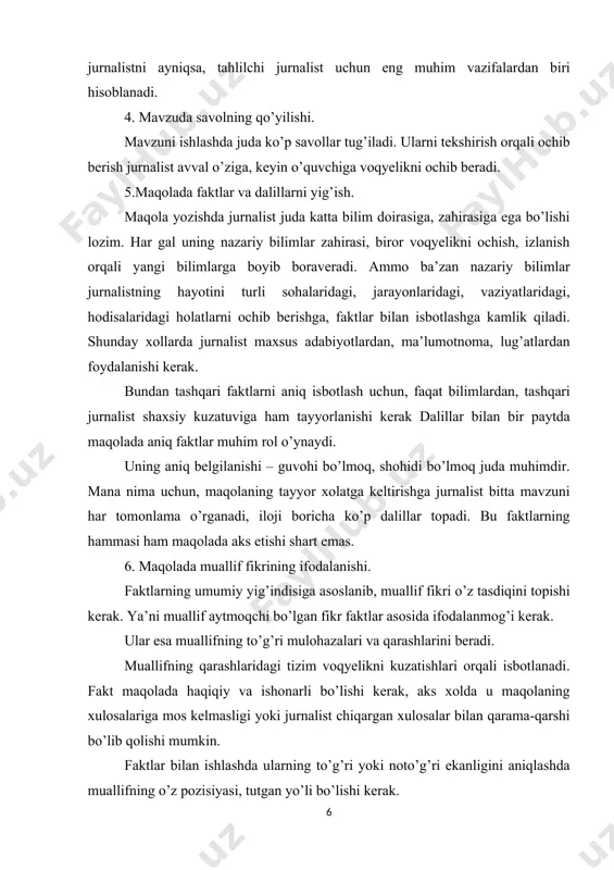 hi bo’lib qolishi mumkin. faktlar bilan ishlashda ularning to’g’ri yoki noto’g’ri ekanligini aniqlashda muallifning o’z pozisiyasi, tutgan yo’li bo’lishi kerak. fikrning asta-sekin rivojlana borishi, uning fakt va dalillar hisobiga to’liqlashgani sari maqolaning muallifi o’quvchini xulosa qilishga undaydi. xulosa- muallif fikrining izchil rivojlanishi orqali paydo bo’ladigan mantiqiy nutqdir. u o’quvchiga hayotdagi ma’lum bir voqyelik haqida tasavvur beradi. maqolada ko’tarilgan savolning yechimini ko’rsatish orqali. shulardan kelib chiqib maqolaga ta’rif beramiz. maqola-publisistikaning eng asosiy janrlardan biri bo’lib, aniq faktga va isbotga asoslangan jamiyatdagi ma’lum voqyea, hodisalariga nisbatan jiddiy fikrlarning rivojlantirish tufayli muallifning erishgan aniq natijalariga asoslangan xulosalaridir. mazmun mohiyatiga ko’ra maqolalar bir necha turga bo’linadi. maqola – adabiy yoki ilmiy mazmunda bo‘lib, hajm jihatidan ancha katta bo‘ladi. maqola hayotning muhim va dolzarb masalalariga bag‘ishlanishi yoki ilm-fanning biror sohasini yoritishi mumkin. shunga ko‘ra maqolalar ilmiy, uslubiy, publitsistik va ilmiy-ommabop kabi turlarga bo‘linadi. maqolalar uch tarkibiy qismdan iborat bo‘ladi: 1. kirish – bunda tanlangan mavzuning …