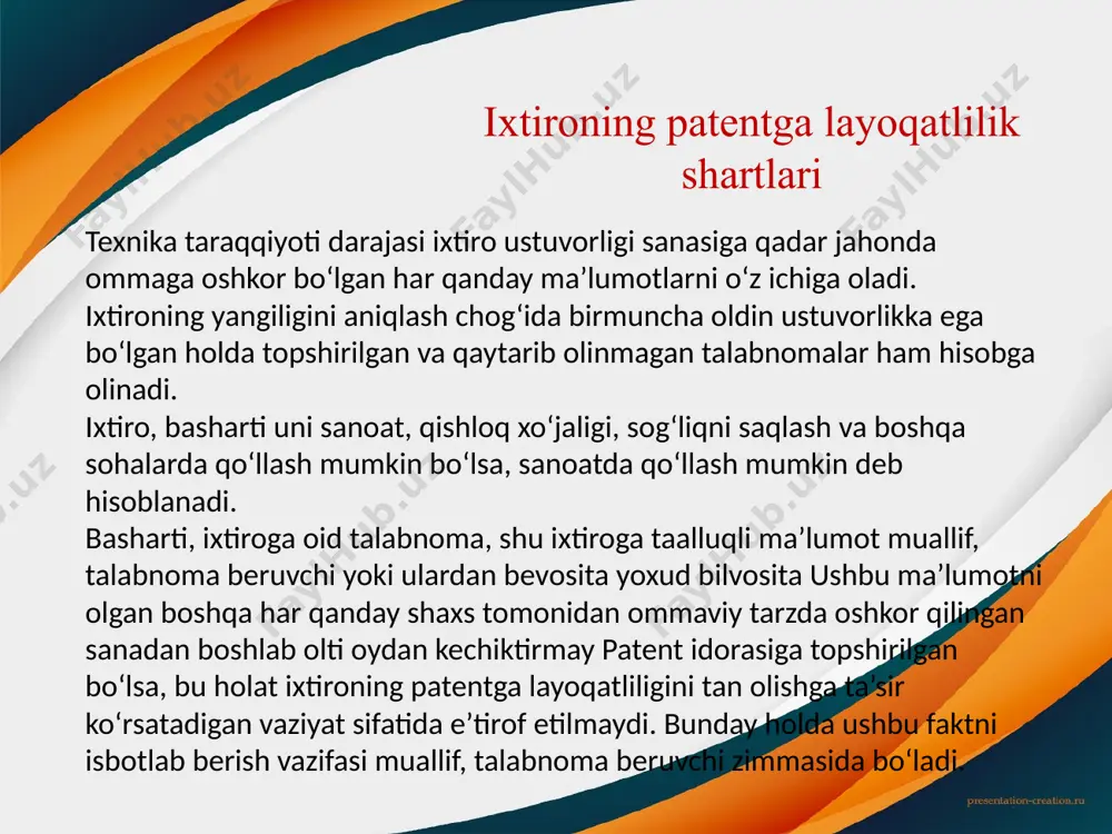 xo‘riga (merosxo‘rlariga); muallif yoki uning merosxo‘ri tomonidan patent berish haqidagi talabnomada yoki sanoat mulki obyekti ro‘yxatdan o‘tkazilgunga qadar agentlikka topshirilgan talabnoma beruvchini o‘zgartirish haqidagi arizada ko‘rsatilgan yuridik va (yoki) jismoniy shaxslarga (ularning o‘zi rozi bo‘lgan taqdirda); ushbu moddada nazarda tutilgan hollarda ish beruvchiga. 17 patent egasining sanoat mulki obyektidan foydalanish huquqi patent egasining sanoat mulki obyektidan foydalanish huquqi. agar sanoat mulki obyektidan o‘z xohishicha foydalanish boshqa patent egalarining huquqlarini, shu jumladan boshqa shaxslarning mazkur obyektdan foydalanishini taqiqlab qo‘yish huquqini buzmasa, bunday foydalanish patent egasiga tegishlidir, shu zaylda foydalanish ushbu qonunga muvofiq patent egasining huquqini buzish deb hisoblanmaydigan hollar bundan mustasno. 18 patent berish haqidagi talabnomani ekspertizadan o‘tkazish agentlik patent berish haqidagi talabnoma bo‘yicha rasmiy ekspertiza, foydali model’ haqidagi talabnoma ekspertizasi hamda ixtiro haqidagi talabnomaning yoki sanoat namunasi haqidagi talabnomaning mohiyati bo‘yicha ilmiy-texnika ekspertizasidan iborat bo‘lgan davlat ekspertizasini o‘tkazadi. 19 patent berish haqidagi talabnomani ekspertizadan o‘tkazish talabnoma beruvchi patent berish haqidagi …