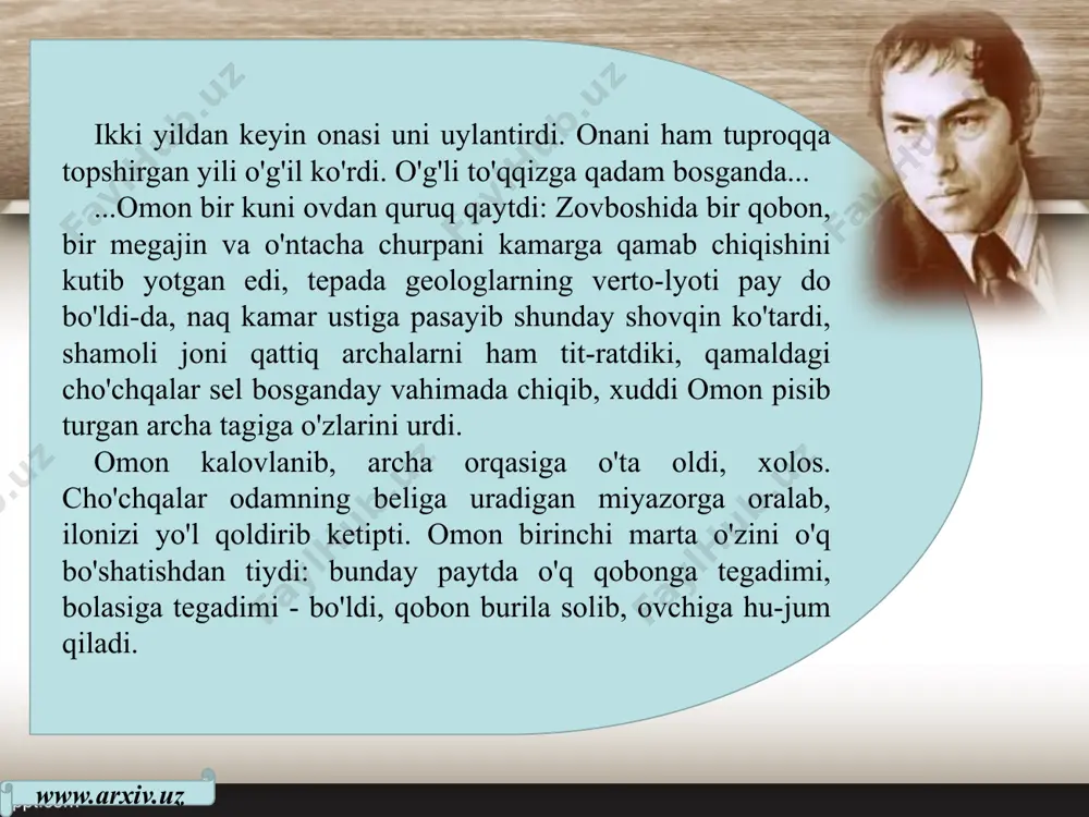ardan qor ko'chdi. guvullagan tovush tingach, jarlikdan oq to'zon ko'tarildi. shunda qarshisida bir kiyik o'ynoqlab chiqdiku! www.arxiv.uz omon uning qoq manglayini nishonga olib otdi. jonivor tepaga bir sakrab, pastga qulab ketdi. shunda... uning o'rnida yana bir kiyik paydo bo'ldi. omon miltiqni o'qlay solib, uni ham otdi. u ham tepaga bir talpinib, quyiga uchdi. keyin esa, shoxi gajak bir arxar ko'rindi. omon miltiqqa o'q joylar ekan, allanechuk shoshar edi. arxarning ham ajali yetgandek qochmasdan quyiga qarab turib qoldi. omon uni ham otdi... keyin, ancha kutib yotdi. boshqa jonzot ko'rinmadi. o'z-o'zidan ma'lum: bu kiyiklar ko'chkidan vahimaga tushib qochgan, orqasidan bo'ri-mo'rining quvgan bo'lishi ham ehtimol. aks holda, o'zini o'qqa tutib bermasdi bular. www.arxiv.uz omon otishga... shunchalik berilgandiki, kiyiklarning qayerga yiqilib tushayotgani haqida ham o'ylamasdi: yana otgisi, jonivorning sakrab tushib ketishini tomosha qilgisi kelardi. nihoyat, u iz tushmagan so'qmoqdan qoplondek yengil yurib borarkan, ular yiqilgan joy suv urib ketgan arna ekani, kiyiklar u yerda …