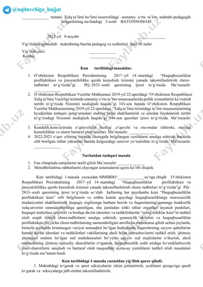 maktabning barcha pedagog va xodimlari yig'ilish bayonnoma — DOCX