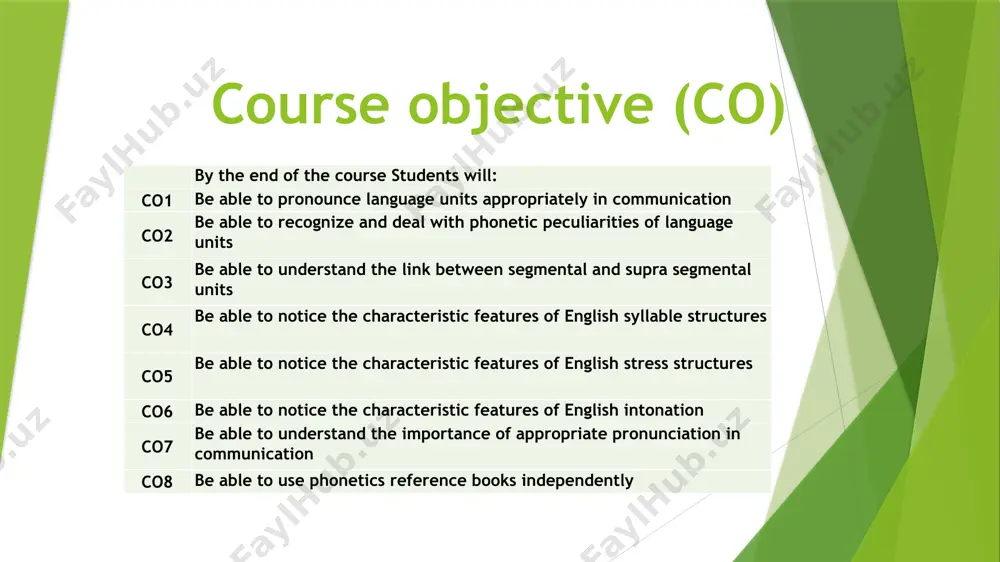 another half of mark-10% is given to 30 tests completion where teachers check students’ comprehension of taught materials. final exam – 20%. at the end of the course learners pass final in two stages again: oral (recite rhymes or tongue twisters given beforehand paying big attention to pronunciation and read dialogues/jokes/short texts dramatically which is evaluated in terms of both pronunciation and intonation online). each stage is given 5% overall 10%. written (50 online tests on checking students’ comprehension of the whole course) – 10%. assessment rubric of audio recording task completion poor ( “2” mark) fair (“3” mark ) good (“4” mark ) excellent (“5” mark ) structure / flow the student has poor structure and flow. needs constant help or has many hesitations. the student is approaching a good flow and structure of the reading. needs some help or has few hesitations. the student shows good flow and …