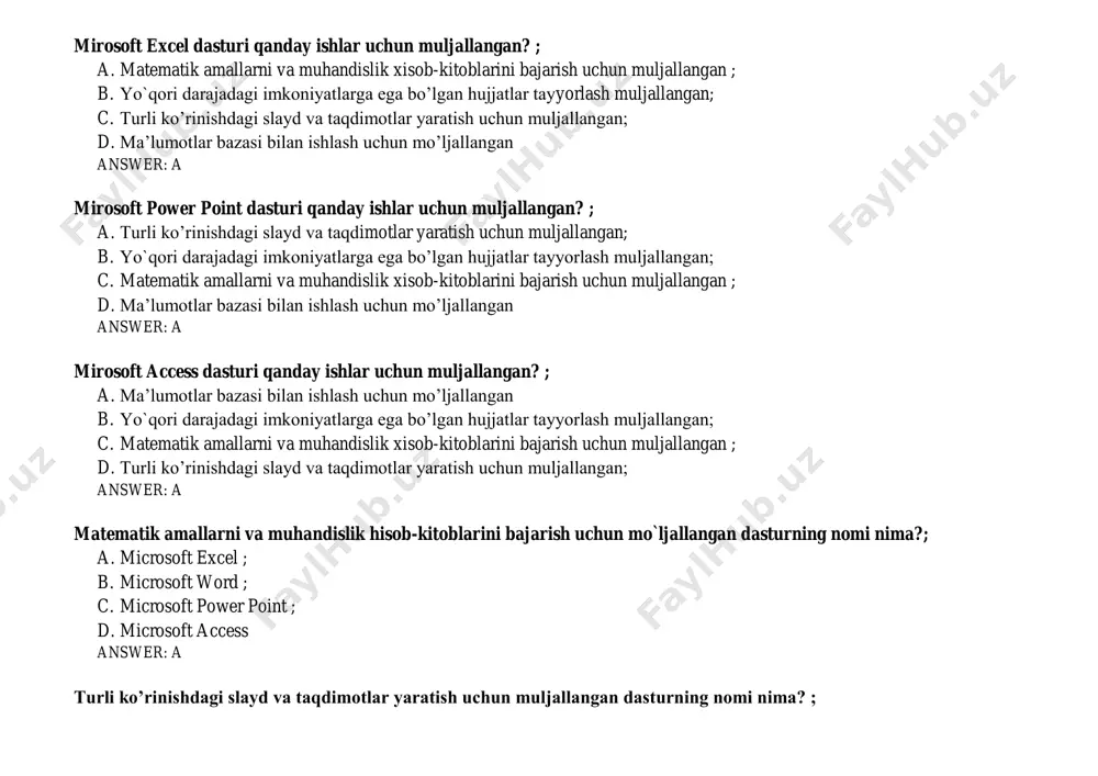 otlar bazasini yaratuvchi dasturning nomi nima? ; a. microsoft access ; b. microsoft excel c. mirosoft word ; d. microsoft power point ; answer: a elektron pochta xizmatini ko`rsatuvchi dasturining nomi nima? ; a. microsoft outlook ; b. microsoft excel c. mirosoft word ; d. microsoft power point ; answer: a yuqori darajadagi imkoniyatlarga ega bo’lgan hujjatlar tayyorlashga muljallangan dasturining nomi nima? ; a. mirosoft word ; b. microsoft power point ; c. microsoft outlook ; d. microsoft excel answer: a tasvirlar va turli grafiklar chizish uchun muljallangan dasturining nomi nima? ; a. microsoft paint ; b. microsoft excel c. mirosoft word ; d. microsoft power point ; answer: a paint dasturi qanday ishlar uchun muljallangan? ; a. tasvirlar va turli grafiklar chizish uchun muljallangan b. yo`qori darajadagi imkoniyatlarga ega bo’lgan hujjatlar tayyorlash muljallangan; c. matematik amallarni va muhandislik xisob-kitoblarini bajarish uchun muljallangan ; d. turli ko’rinishdagi slayd va taqdimotlar …