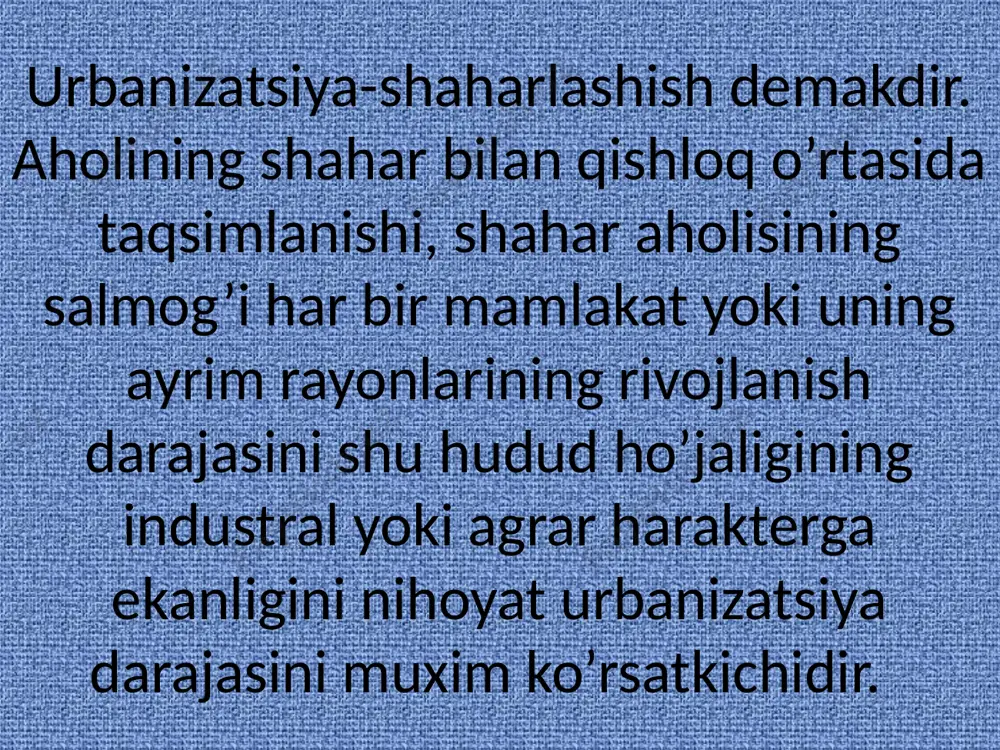 xiv.uz bosvash boston filadelfiya baltimor nyu-york vashington chipete san-san www.arxiv.uz chikago detroit pittsburg san-fransisko san-diego yaponya tokaydo www.arxiv.uz tokio nagaya osaka shaharlarning funksional tiplari: www.arxiv.uz ko’p funktsiyali shaharlar mamuriy –markaz fazifasini bajaruvchi shaharlar kurort shaharlar fan shaharlari iqtisodiy funktsiya ustun bo’lgan shaharlar xulosa: hozirgi zamon shaharlashishi uchun shaharlarning oddiy bir o’zakli shaklidan shahar va qishloqlar tutashib ketib urbanizatsiyalashadi. urbanizatsiyalarning yanada rivojlanishi natjasida aglomeratsiya va megapolislar vujudga keladi. urbanizatsiya darajasi ancha past bo’lgan rivojlanayotgan mamlakatlarda shaharlashish eniga o’smoqda, shahar aholisi tez ko’payib bormoqda. www.arxiv.uz va foydalangan adaboiyotlar. 1. ,,aholi geografiyasi va demoografiya’’ (maruza matni) toshkent 2001-yil. 2.demografiya asoslari (ma’ruzalar matni) toshkent 2001-yil. internet saytlari: http:.uz/el.tfi/pdf/ximumioq-uzl.pdf http://www.nuu.uz/faculties/geography/lk=ilm-fam&ln=uz www.arxiv.uz image1.jpeg /docprops/thumbnail.jpeg