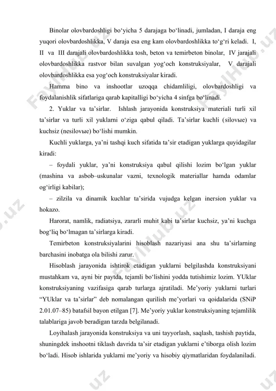 nstruksiyadan o‘z me’yorida foydalanish chog‘ida me’yor /8/ bo‘yicha unga qo‘yilishi mumkin bo‘lgan yuklarning maksimal qiymati me’yoriy deb ataladi. yukning haqiqiqiy qiymati bilan me’yoriy qiymati orasidagi farq yuklar bo‘yicha ishonchlilik koeffitsienti yordamida hisobga bo‘linadi: uzoq muddat va qisqi muddat ta’sir etadigan hamda maxsus yuklar. texnologik jarayonlarga bog‘liq bo‘lgan ta’sirlar uzoq muddatli muvaqqat yuklarga kiradi. maslan, elevatorga to‘ldirilgan don yilning ma’lum muddati davomida konstruksiyaga bosim kuchi bilan ta’sir etadi, shamol, qor singari ta’sirlar qisqa muddatli yuklarga misol bo‘la oladi. zilzila va portlash kuchlari kabi ta’sirlar maxsus yuklarga kiradi. konstruksiyaga ta’sir etadigan real yukni aniqlash uchun yuklarning qaysi turlarini qo‘shish mumkinligini bilish zarur. bu muammo qurilish me’yorlarida /7/ hal etilgan, ya’ni qanday hollarda qanday yuk va ta’sirlar qo‘shilishi mumkinligi belgilab qo‘yilgan. birinchi guruh bo‘yicha asosiy qo‘shimchalarga doimiy, uzoq muddatli va bitta qisqa muddatli yuklar kiradi. qisqa muddatli yuklarni hisobga kiritishda qo‘shilmalar koeffitsienti (s=0,9 olinadi. yuklarning maxsus qo‘shilmalari doimiy, uzoq muddatli, qisqa muddatli va …