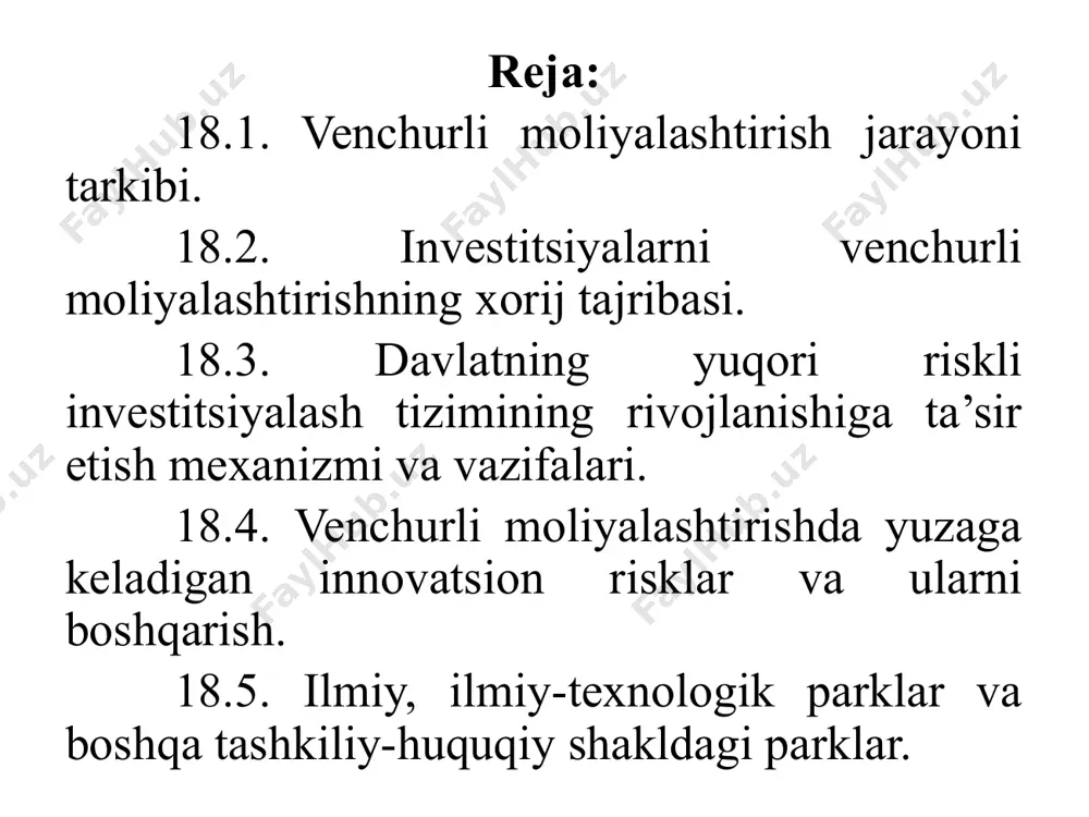 bosqichi bo’lib, mahsulot namunalarini ishlab chiqishdan normal ishlab chiqarish va iste’mol faoliyatiga o’tish uchun; oxirgi bosqich – muvaffaqiyatni mustahkamlash bosqichi bo’lib, korxona aktsiyalarini birjada erkin muomala uchun emissiya qilinishi ro’y beradi va ishlab chiqarish ko’rsatkichlarini mustahkamlash uchun mablag’ talab qilinadi. venturatsion moliyalash bir qator xususiyatlarga ega bo'lib, uni bank tomonidan moliyalashtirish yoki strategik sherikni moliyalashtirishdan ajratib turadi. 1. "tasdiqlangan risk" printsipisiz venchurni moliyalashtirish mumkin emas. bu shuni anglatadiki, sarmoyadorlar, agar muvaffaqiyatli moliyalashtirilgan korxona tomonidan moliyalashtirilmagan bo'lsa, yuqori rentabellik evaziga mablag'ni yo'qotish ehtimoli to'g'risida oldindan kelishib olishgan. 2. ushbu turdagi moliyalashtirish uzoq muddatli kapital qo'yilmalarni o'z ichiga oladi, bunda investor o'rtacha 3 yildan 5 yilgacha, loyihaning istiqbolli ekanligiga ishonch hosil qilishi va investitsiya qilingan kapitaldan daromad olish uchun 5 yildan 10 yilgacha kutishi kerak. 3. risklarni moliyalashtirish kredit sifatida emas, balki korxonaning tashkil etilgan kapitaliga ulush shaklida qo'shiladi. yangi tashkil etilgan korxonalar, qoida tariqasida, shirkatlarning huquqiy maqomiga ega bo'ladilar va kapital …