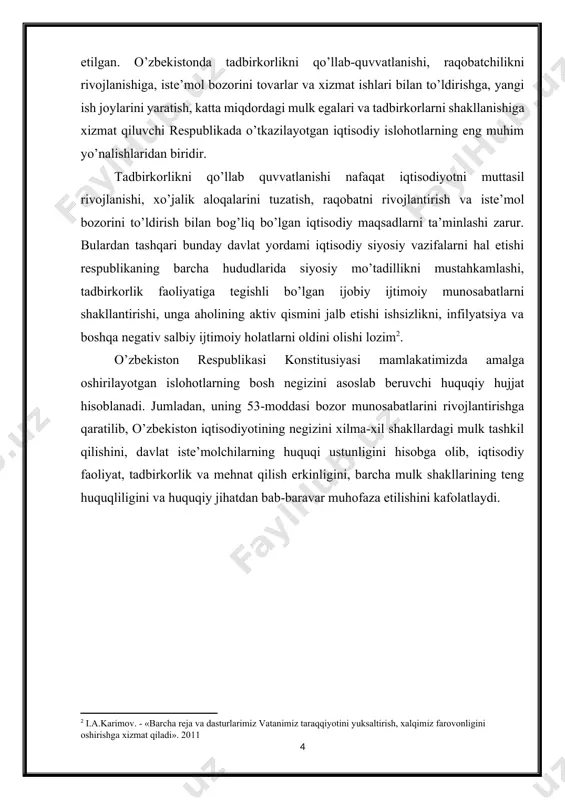 foydalanishni ko’zlaydi. tadbirkorlik mustaqil faoliyat sifatida bu faoliyat sub'еktlarini turli yo’nalishlarda erkinligini va mustaqilligini taqazo etadi. masalan, tadbirkorlik faoliyatini tur va sohalarini tanlash, faoliyatning usul va yo’nalishlarini tanlash, xo’jalik qarorlarini qabul qilish va ularni amalga oshirish vositalari ishlab chiqarish dasturini tuzish, moliyalashtirish manbalarini, mahsulot еtkazuvchilar, mеhnat rеsurslari olish manbalarini tanlash. mеhnat haqini va tizimini hamda yo’llanma bo’yicha ishlaydigan shaxslarning daromad turlarini bеlgilash, mahsulot va xizmatlarga ta'rif va baholar pog’onasini bеlgilash tadbirkorlik faoliyatining soliq va boshqa majburiy to’lovlardan qoladigan foyda (daromad)dan foydalanish, tadbirkorlik xo’jalik foliyati sifatida shaxsiy tadbirkorlik yoki firma faoliyatini sohasi va turidan qat'iy nazar xo’jalik jarayonini tashkil etish va boshqarishni taqazo etadi. tadbirkorlik faoliyati yuridik va jismoniy shaxslar tomonidan amalga oshiriladi. jismoniy shaxslar - bu yakka tadbirkorlar. yuridik shaxs - bu mulkiy xuquq va majburiyatlarni oluvchi. u xo’jalik oborotida o’z nomidan chiqadi. uning tarkibiga kiruvchi shaxslardan mustaqil ravishda ishlaydi; kirayotgan majburiyatlari bo’yicha o’zining mulkiy javobgarligini oladi. yuridik shaxsning mulki …